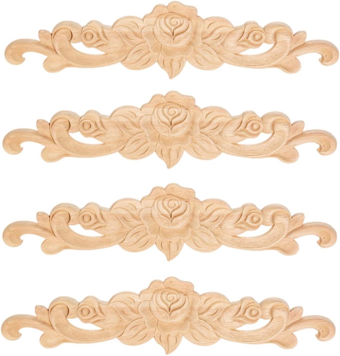 MUXSAM 4Pcs Rose Wood Carved Onlays Decorative Appliques, Unpainted Long Center Carving Decal for Door Wall Ceiling Cabinet Dresser Mirror Bed Mantel Bench Fireplace Decor, 20x5cm/7.87"x1.97"