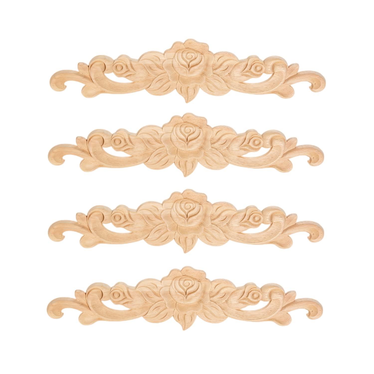 MUXSAM 4Pcs Rose Wood Carved Onlays Decorative Appliques, Unpainted Long Center Carving Decal for Door Wall Ceiling Cabinet Dresser Mirror Bed Mantel Bench Fireplace Decor, 20x5cm/7.87"x1.97"