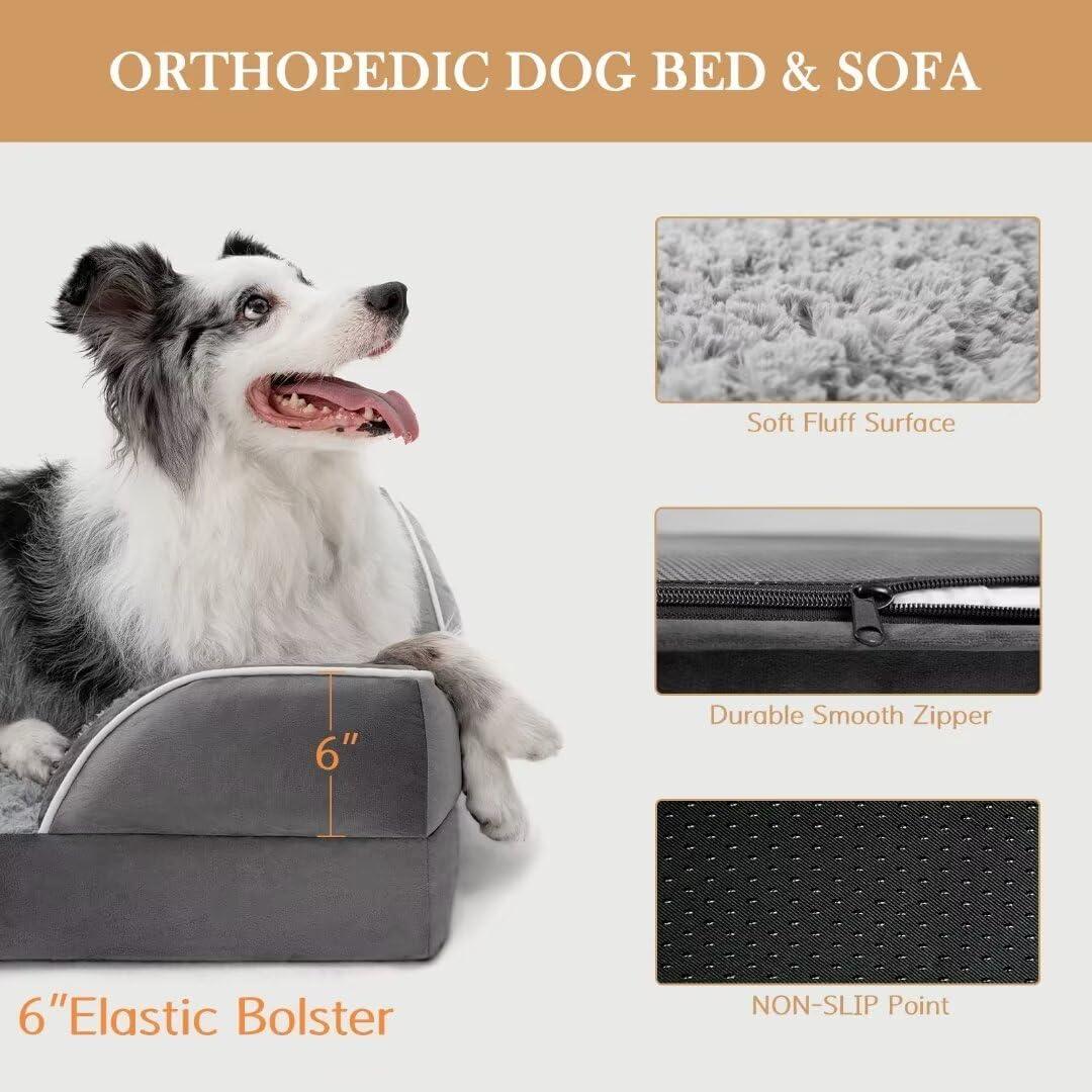 XXL Gray Orthopedic Waterproof Dog Bed with Bolster