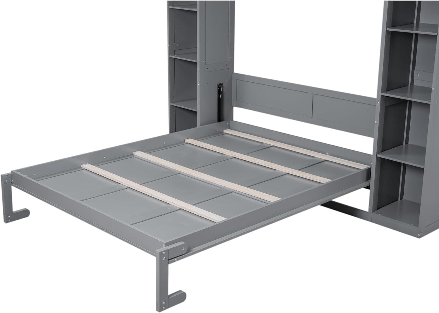 Gray Queen Size Murphy Bed with Shelves and LED Lights