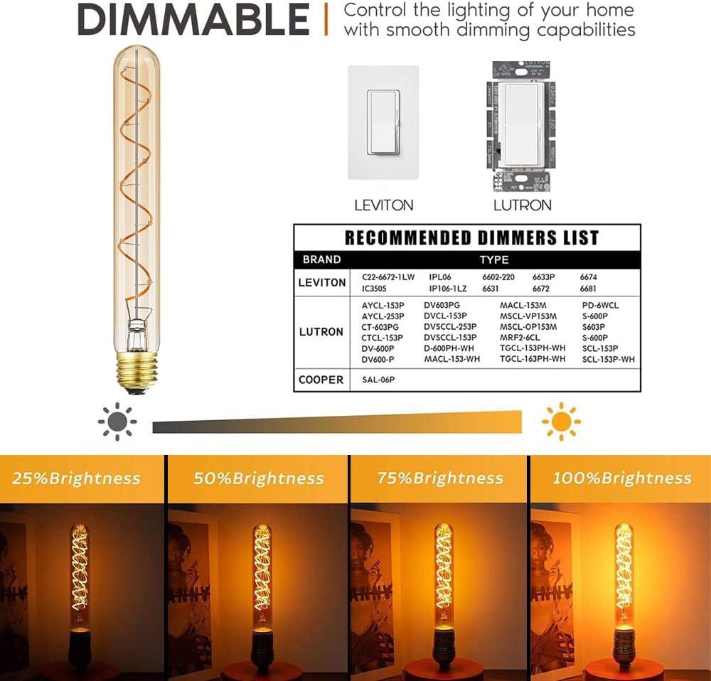 Leools T10 Led Long Bulbs 8W,E26 Dimmable Tubular Bulb,Equivalent 75 Watt, E26 Edison Style Vintage LED Filament Light Bulb,2700K Warm White,8.9in(225mm),4-Pack.
