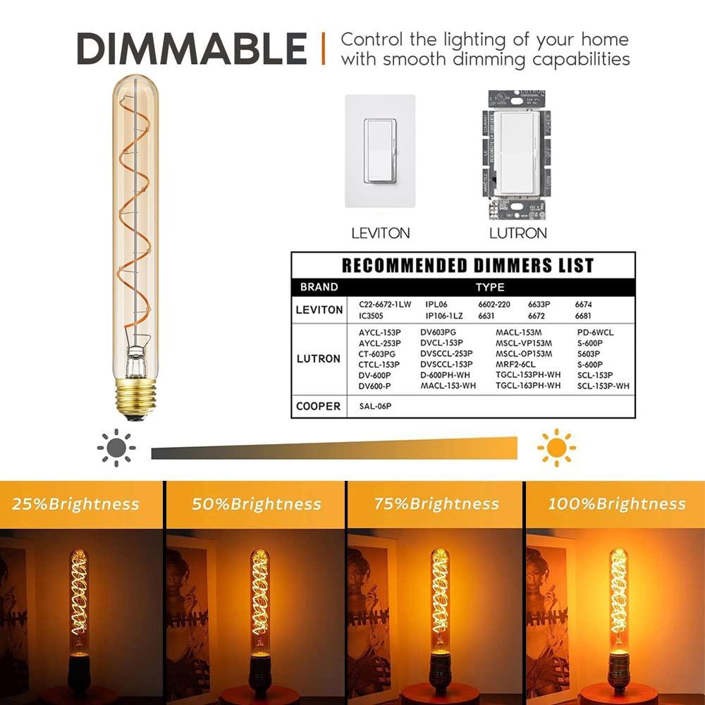 Leools T10 Led Long Bulbs 8W,E26 Dimmable Tubular Bulb,Equivalent 75 Watt, E26 Edison Style Vintage LED Filament Light Bulb,2700K Warm White,8.9in(225mm),4-Pack.