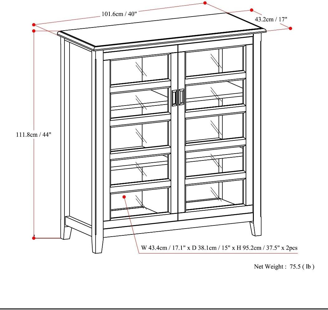 Simpli Home Burlington 40"W Solid Wood 4-Shelf Medium Storage Cabinet with Tempered Glass Doors and Adjustable Shelves