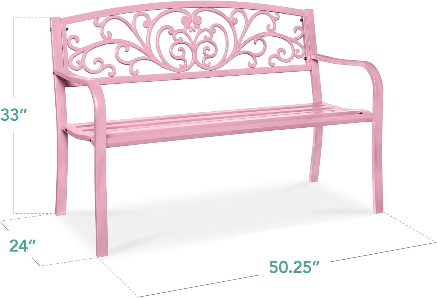 World Menagerie Outdoor Steel Bench with Floral Backrest & Slatted Seat, Marigold for Garden, Patio, Porch, Lawn, and Deck