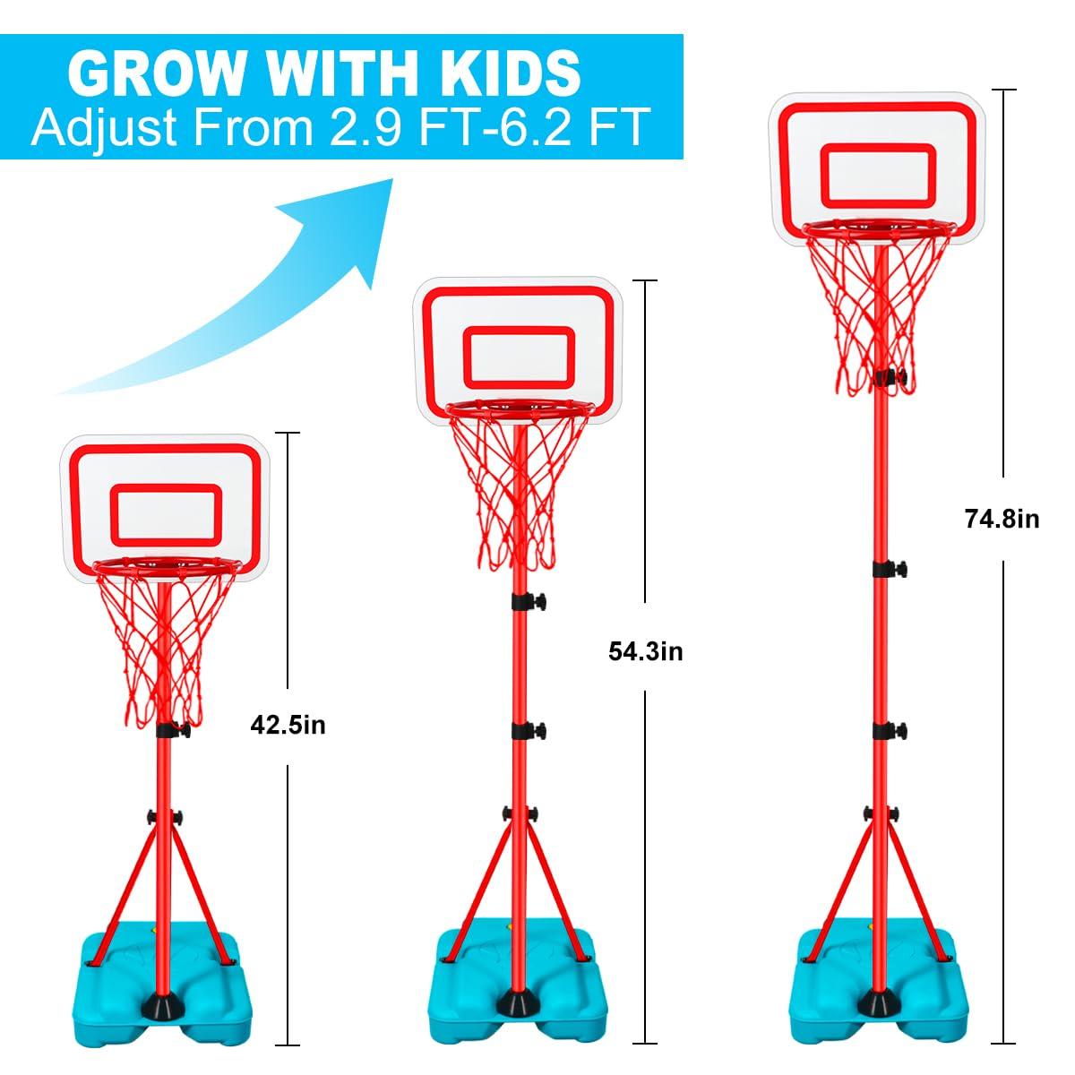 Kids Basketball Hoop Adjustable Height 2.9 ft-6.2 ft Toddler Basketball Hoop for Kids Indoor Outdoor Play Portable Basket Ball Goal Backyard Outside Toys for Boy Girl Age 2 3 4 5 6 7 8