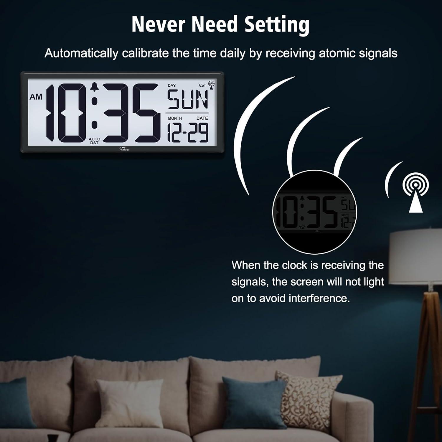 WallarGe 14.5'' Large Digital Wall Clock Battery Operated with Jumbo Numbers, Temperature and Date - Easy to Read and Set, Auto DST