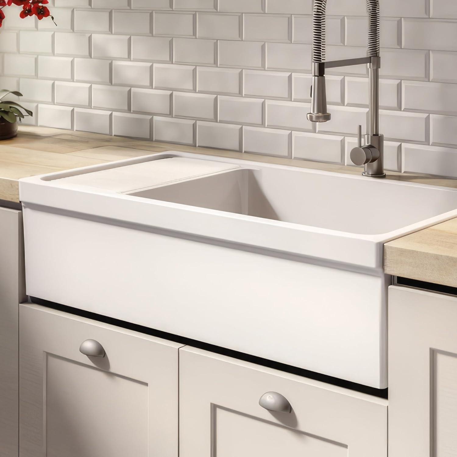 Whitehaus Collection WHQD540-M-WHITE Whitehaus Collection 36” Single Bowl Fireclay Kitchen Sink: Integral Drainboard, Lip Front Apron