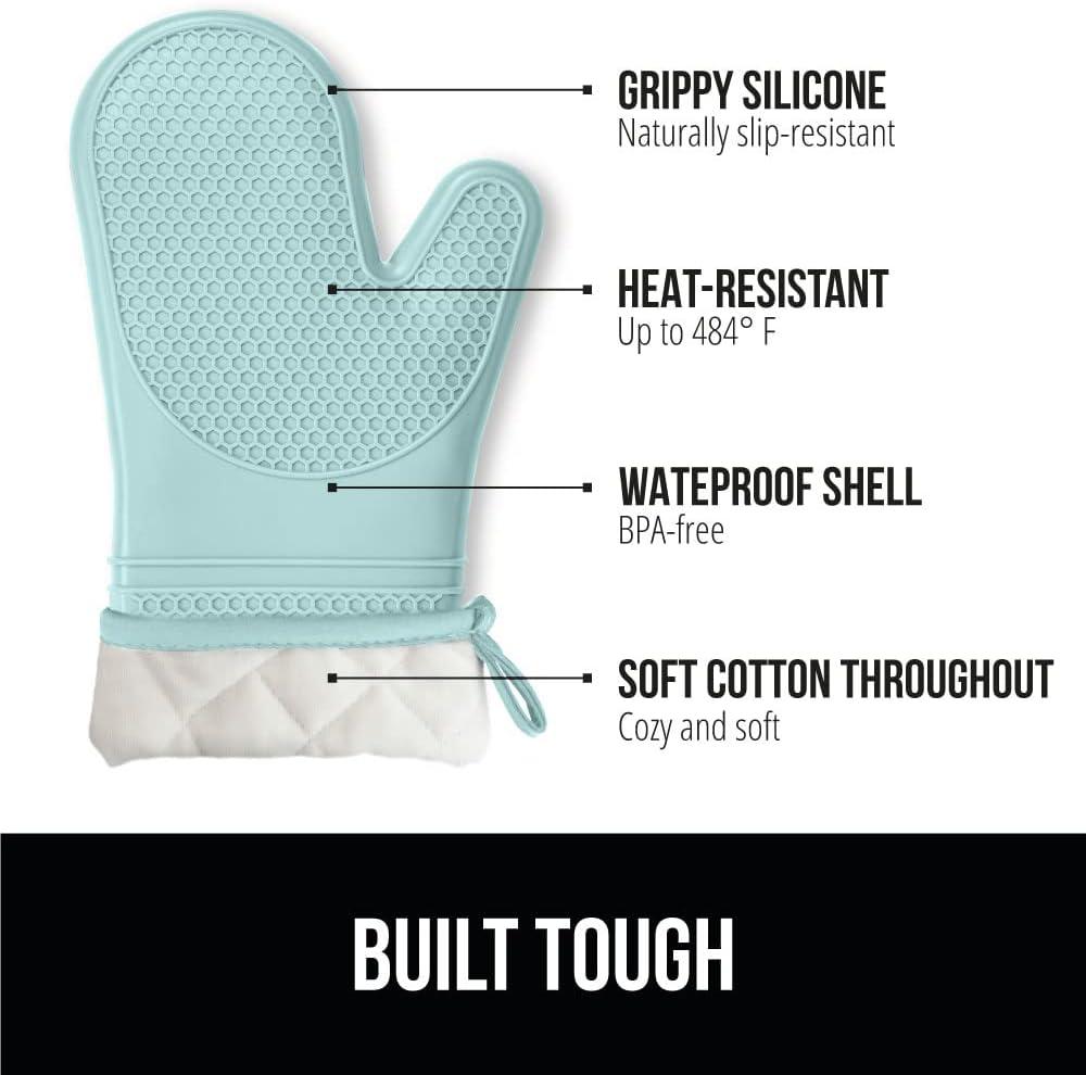 Gorilla Grip Heat and Slip Resistant Silicone Oven Mitts, Waterproof, BPA-Free Cotton-Lined Mitt Set of 2, 12.5 IN, Mint