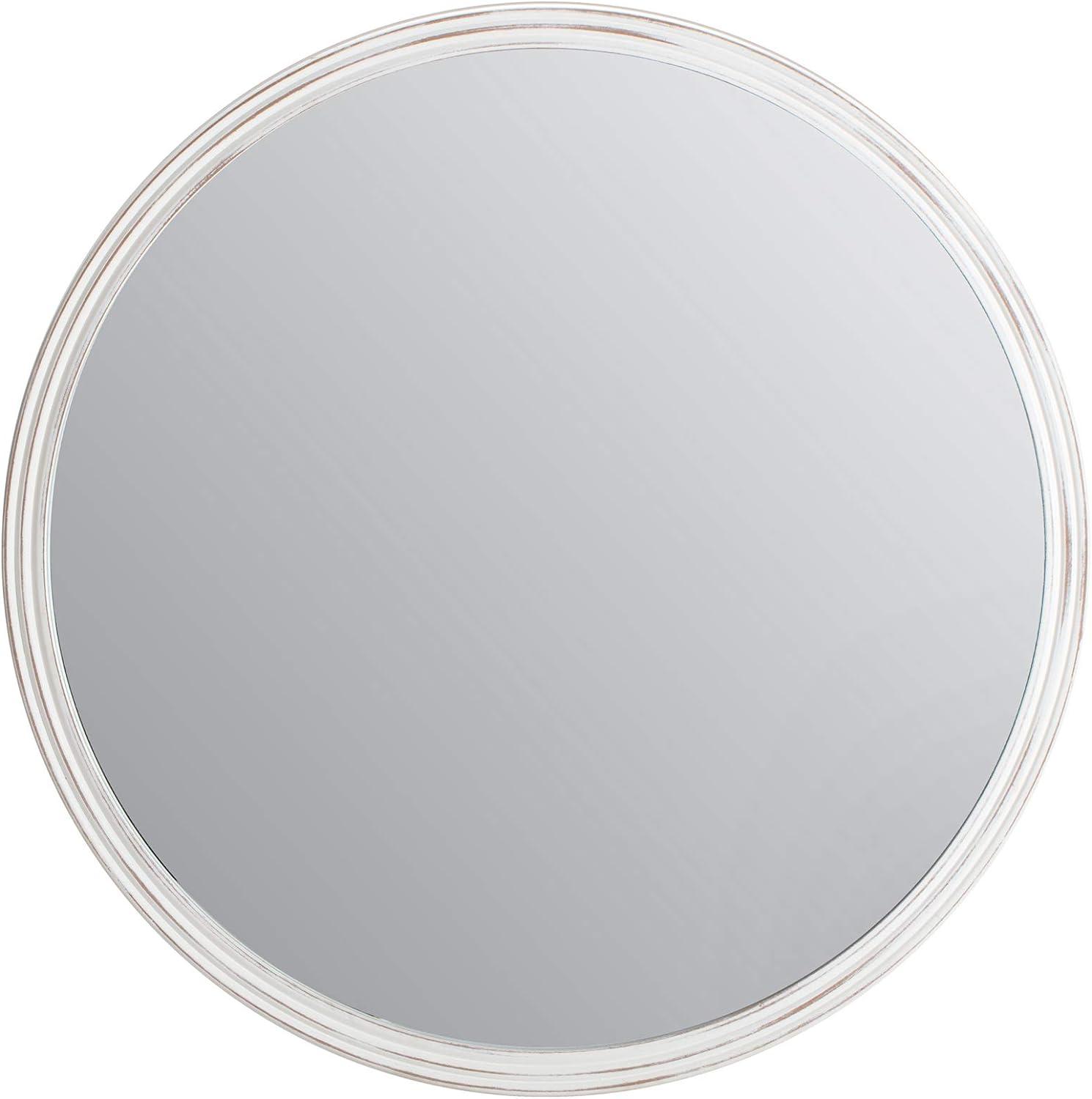 Brewster 30" Round Carved Frame Wall Mirror White: Distressed Finish, No Assembly Required