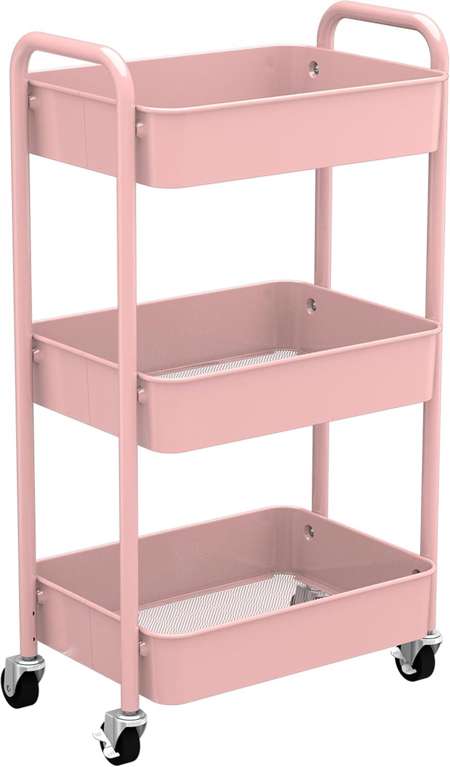 Pink 3-Tier Metal Rolling Utility Cart with Mesh Baskets