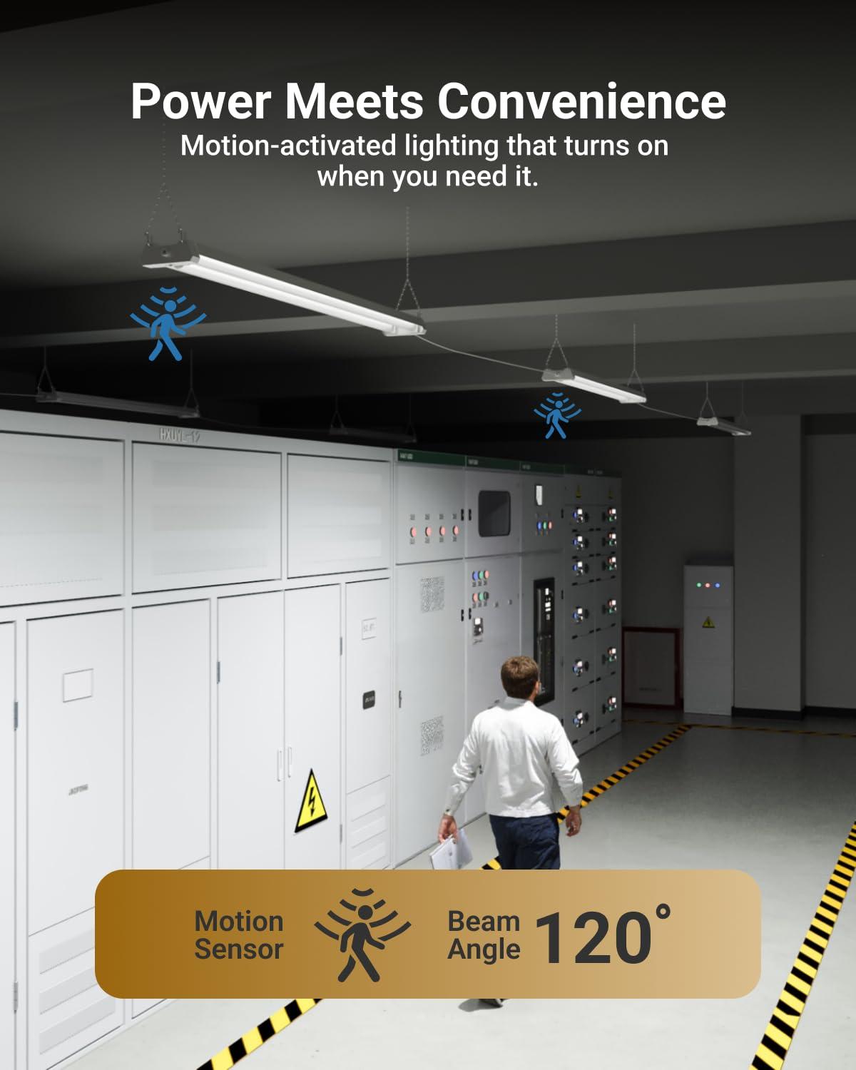 Sunco Motion Sensor 4ft LED Shop Light, Garage Lights Ceiling LED Plug in Fixtures, 40W, 5000K Daylight, Frosted, Motion Activated, Linkable Suspension Mount, ETL 4 Pack