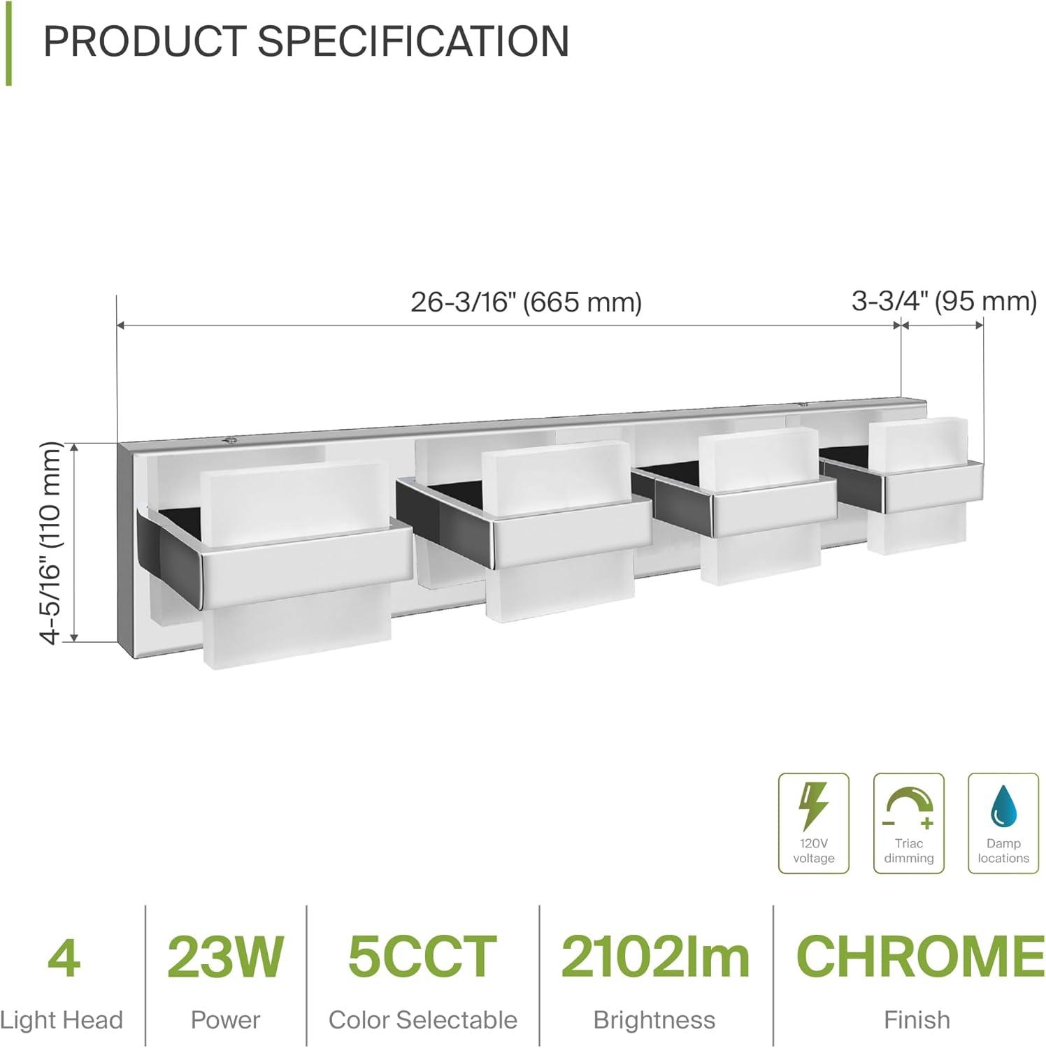 Modern Chrome and Acrylic 4-Light Dimmable LED Vanity Fixture