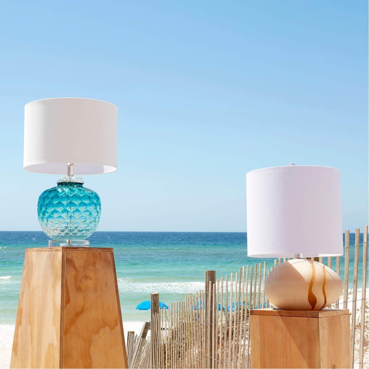 Teal Glass Table Lamp with Off-White Cotton Shade