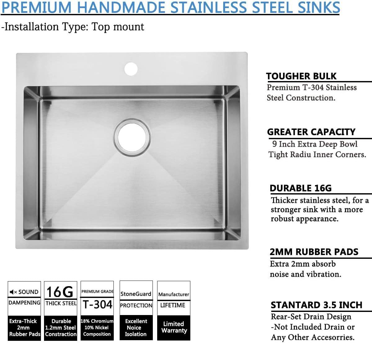 Ruvati 25 x 22 inch Drop-in Topmount Kitchen Sink 16 Gauge Stainless Steel Single Bowl