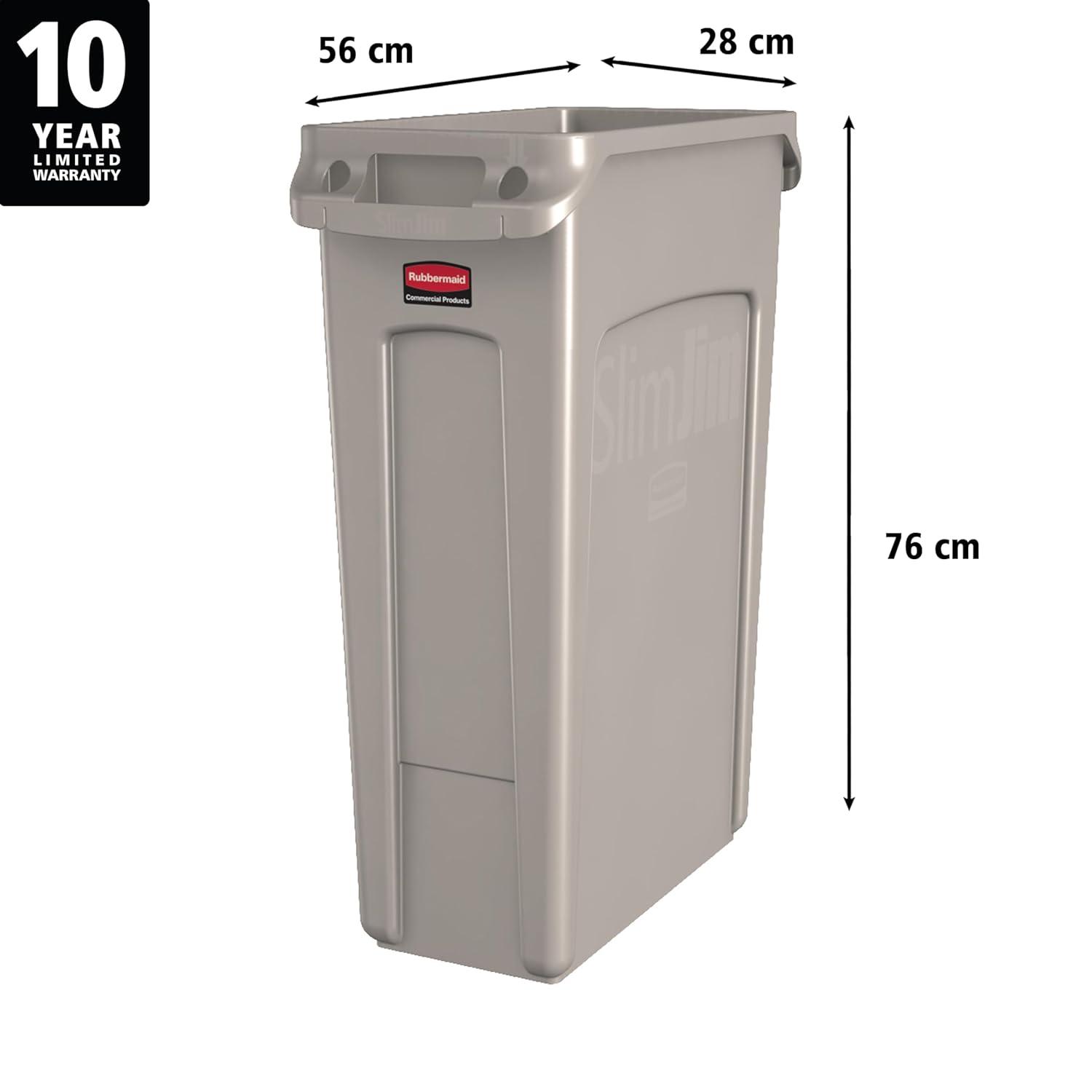 Rubbermaid Commercial Products Slim Jim Plastic Rectangular Trash/Garbage Can/Bin with Venting Channels, 23 GAL, Beige, for Kitchens/Classrooms/Offices/Back of House