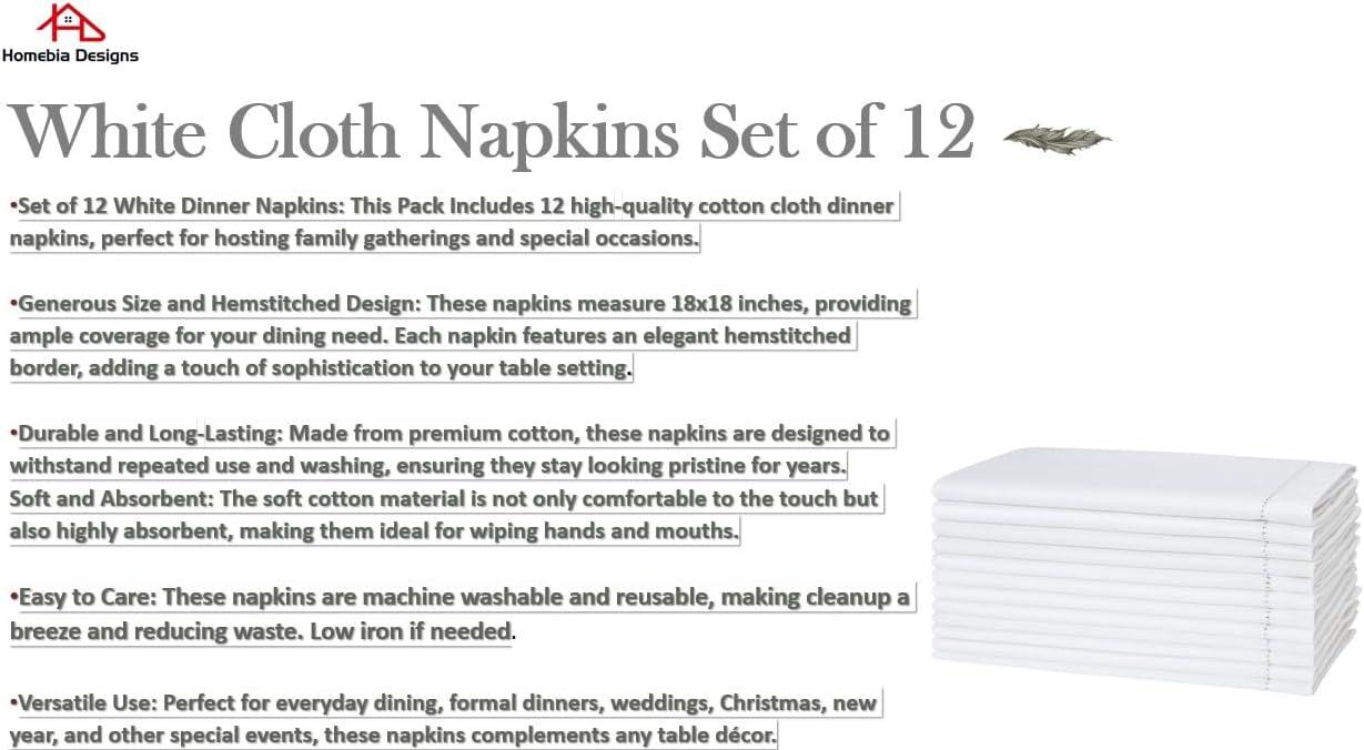White Cloth Napkins Set of 12 Cotton - with Hemstitched 18x18 Inch Decorative Beautiful Soft Reusable Washable Dinner Napkin for Dining Table Décor, Wedding, New Year Party, Easter & Everyday Use