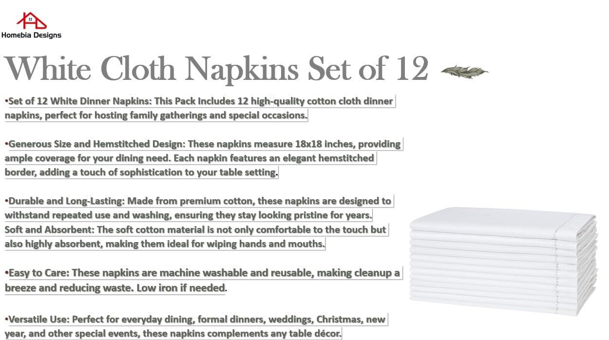 White Cloth Napkins Set of 12 Cotton - with Hemstitched 18x18 Inch Decorative Beautiful Soft Reusable Washable Dinner Napkin for Dining Table Décor, Wedding, New Year Party, Easter & Everyday Use