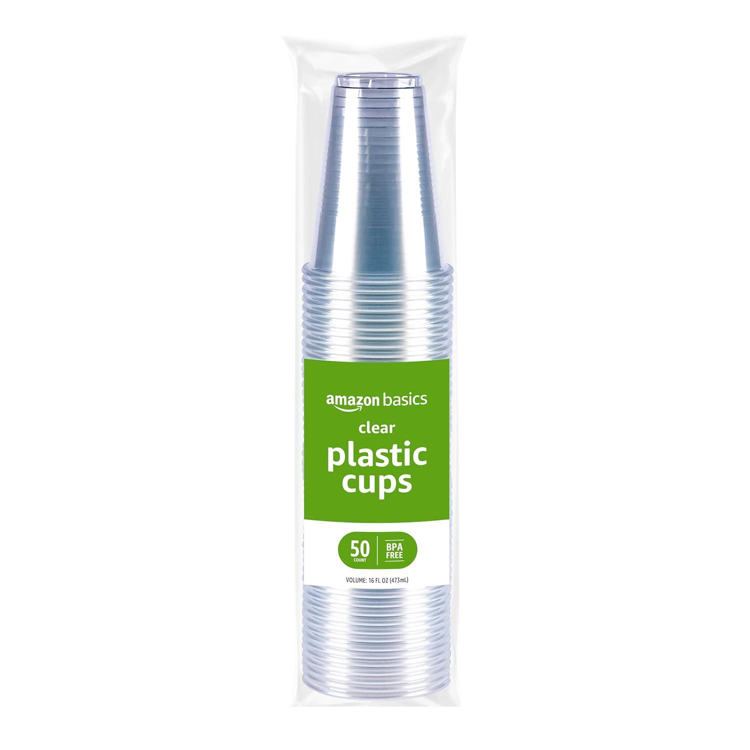 Amazon Basics Disposable Clear Plastic Cups, 16oz, 50 Count