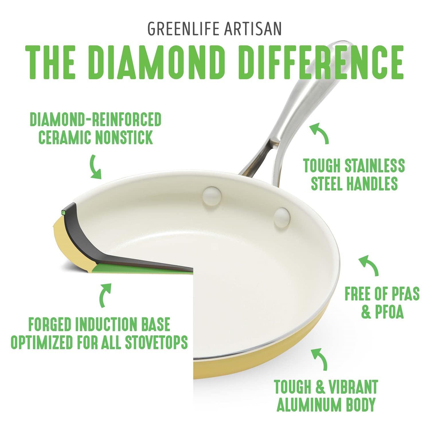 GreenLife Artisan Healthy Ceramic Nonstick, 12 Piece Cookware Pots and Pans Set, Stainless Steel Handle, PFAS-Free, Dishwasher Safe, Oven Safe, Yellow