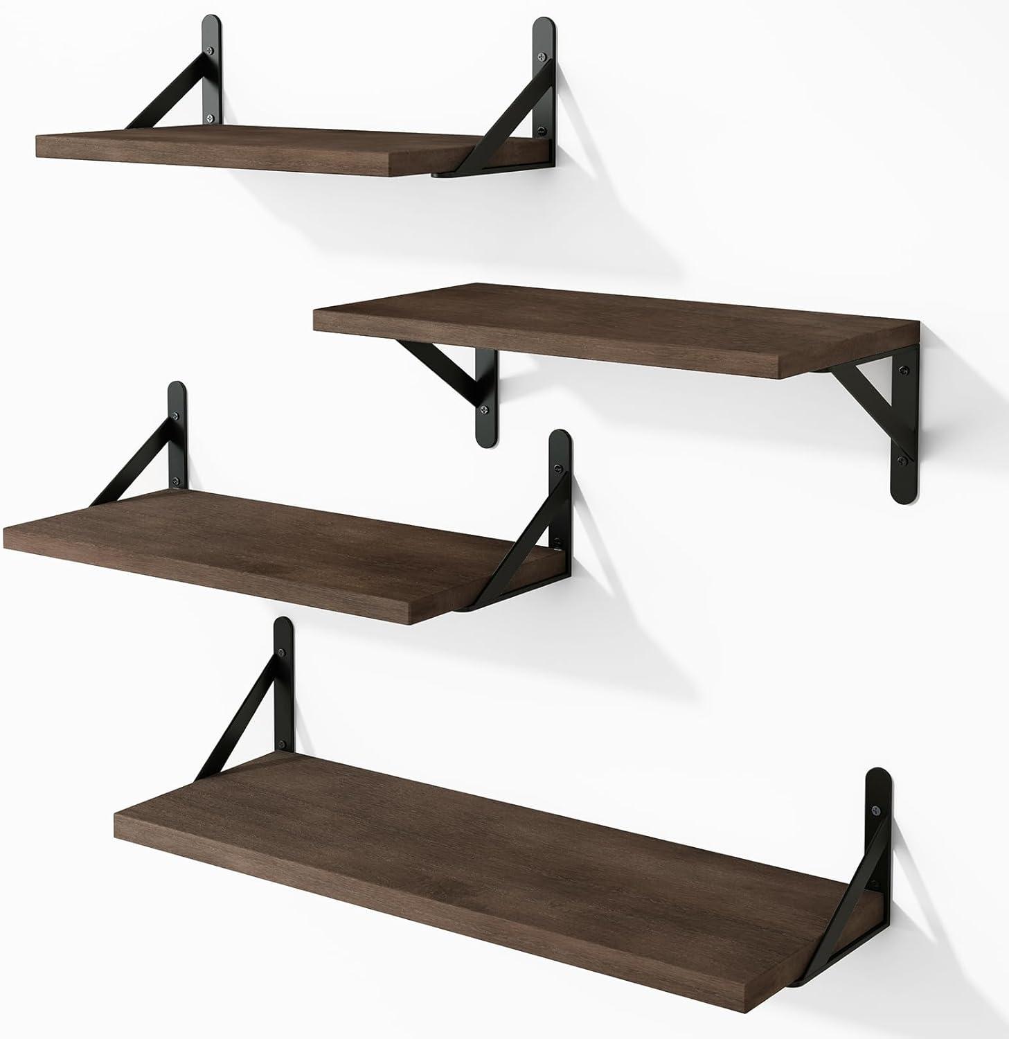 Walnut Brown Floating Wall Shelves with Metal Brackets, Set of 4