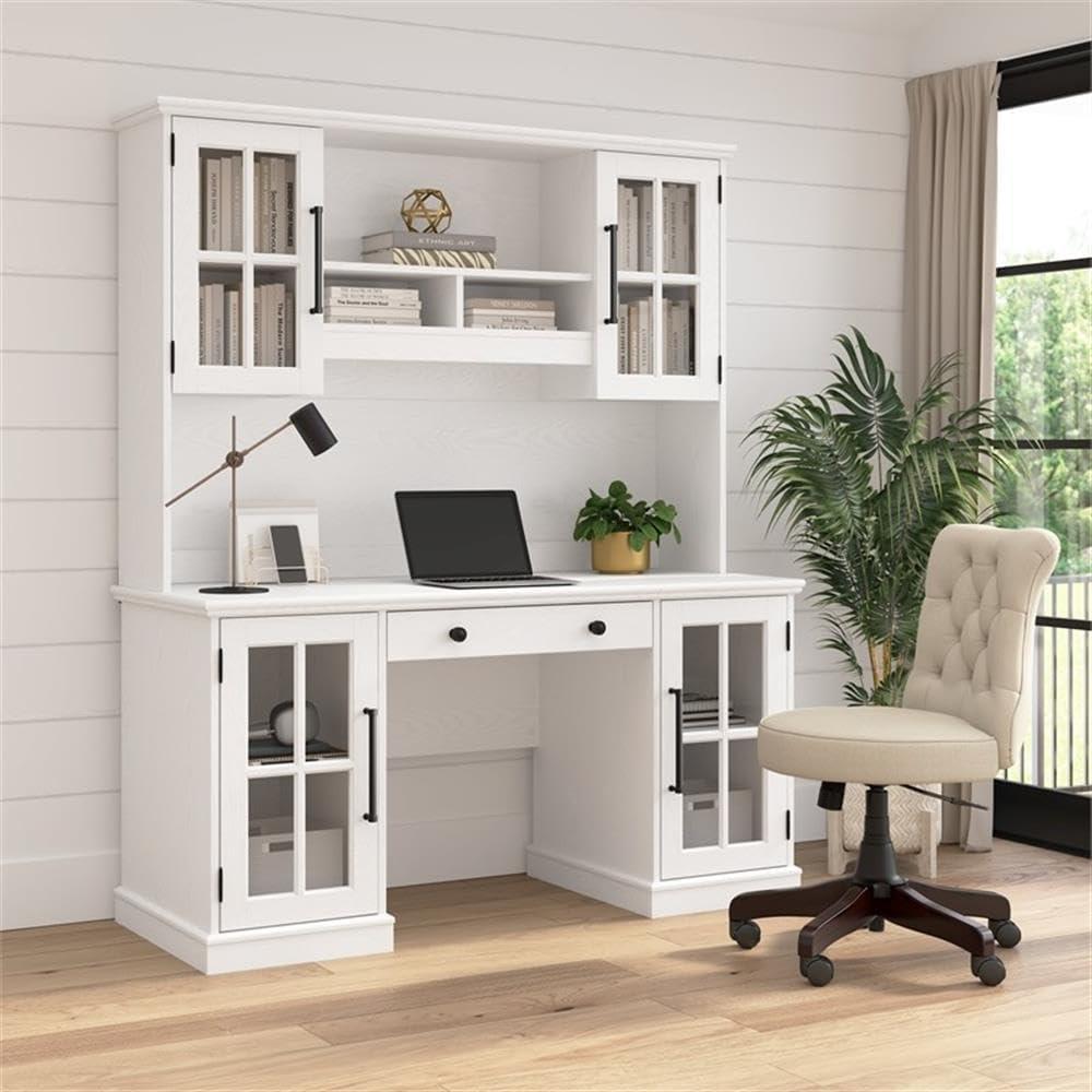 White Wood Computer Desk with Hutch and Storage