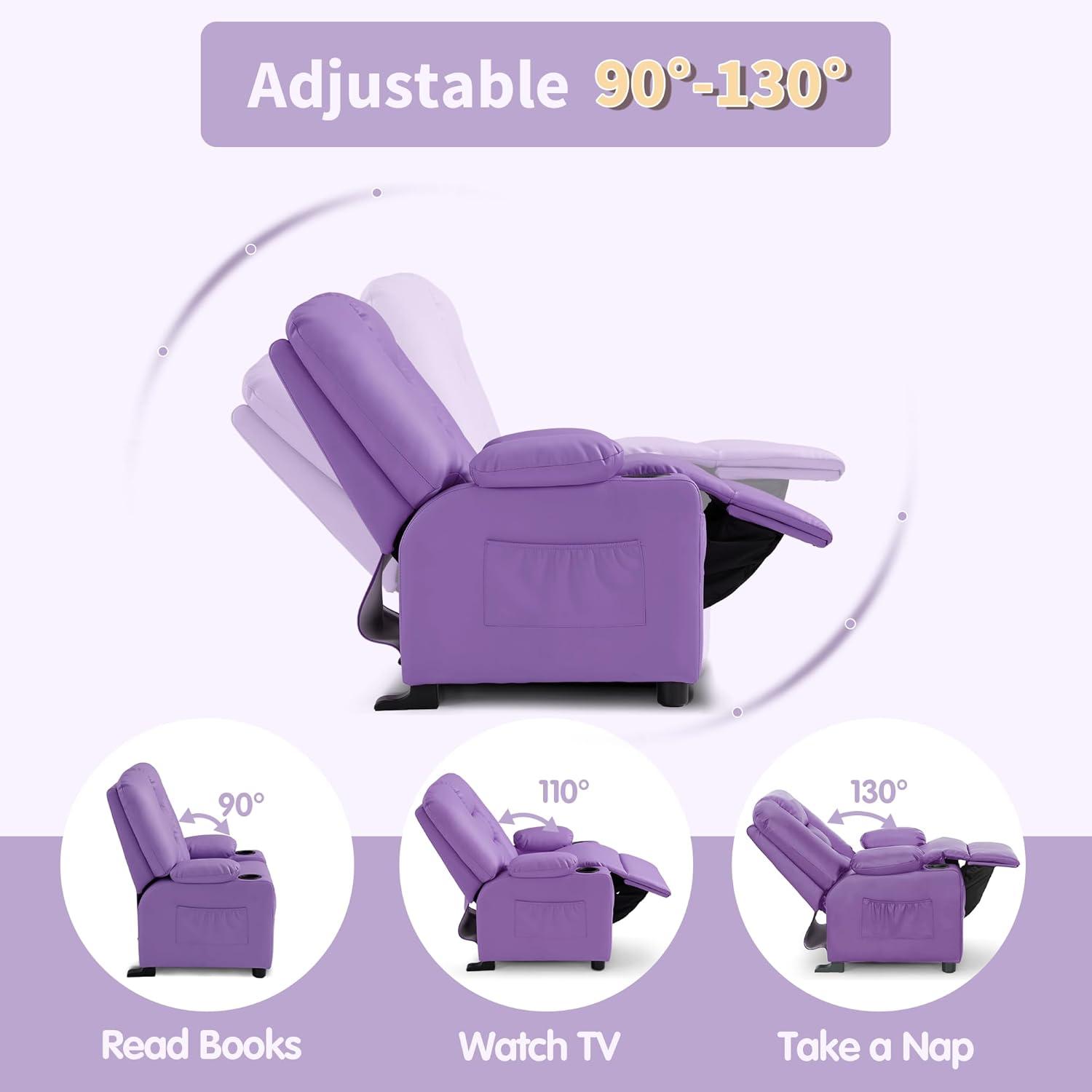 MCombo Big Kids Recliner Chair with Cup Holders for Toddler Boys and Girls, 2 Side Pockets, 3+ Age Group, Faux Leather 7322 Violet
