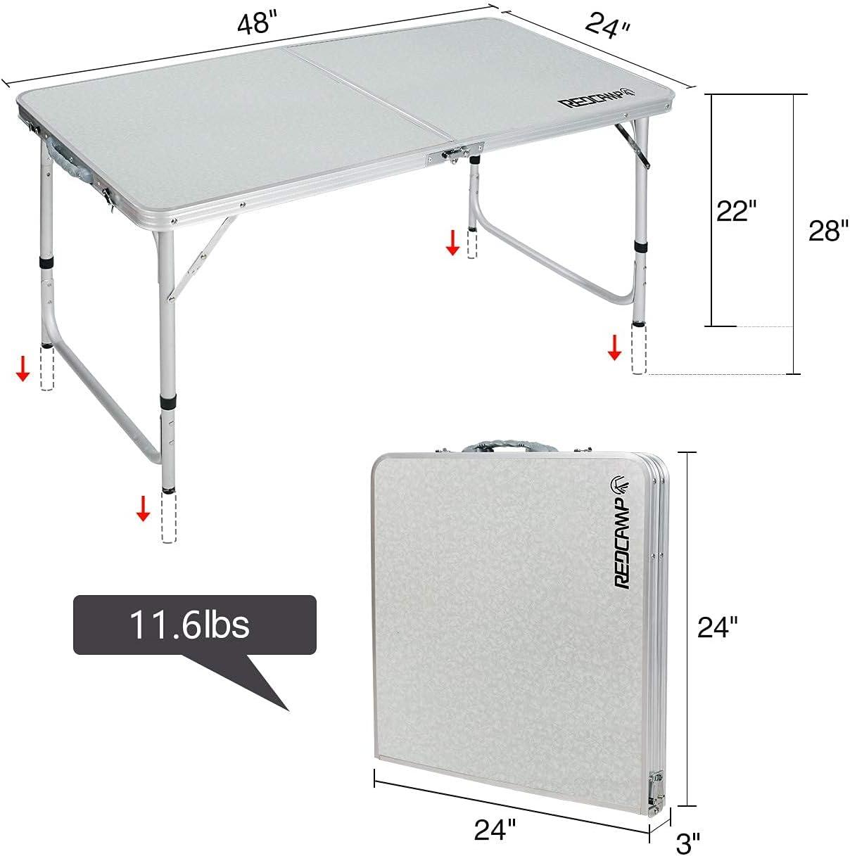 REDCAMP Aluminum Frame Camping Table 4 Foot, Portable Folding Table Adjustable Height Lightweight for Picnic Beach Outdoor Indoor,48 x 24 inches