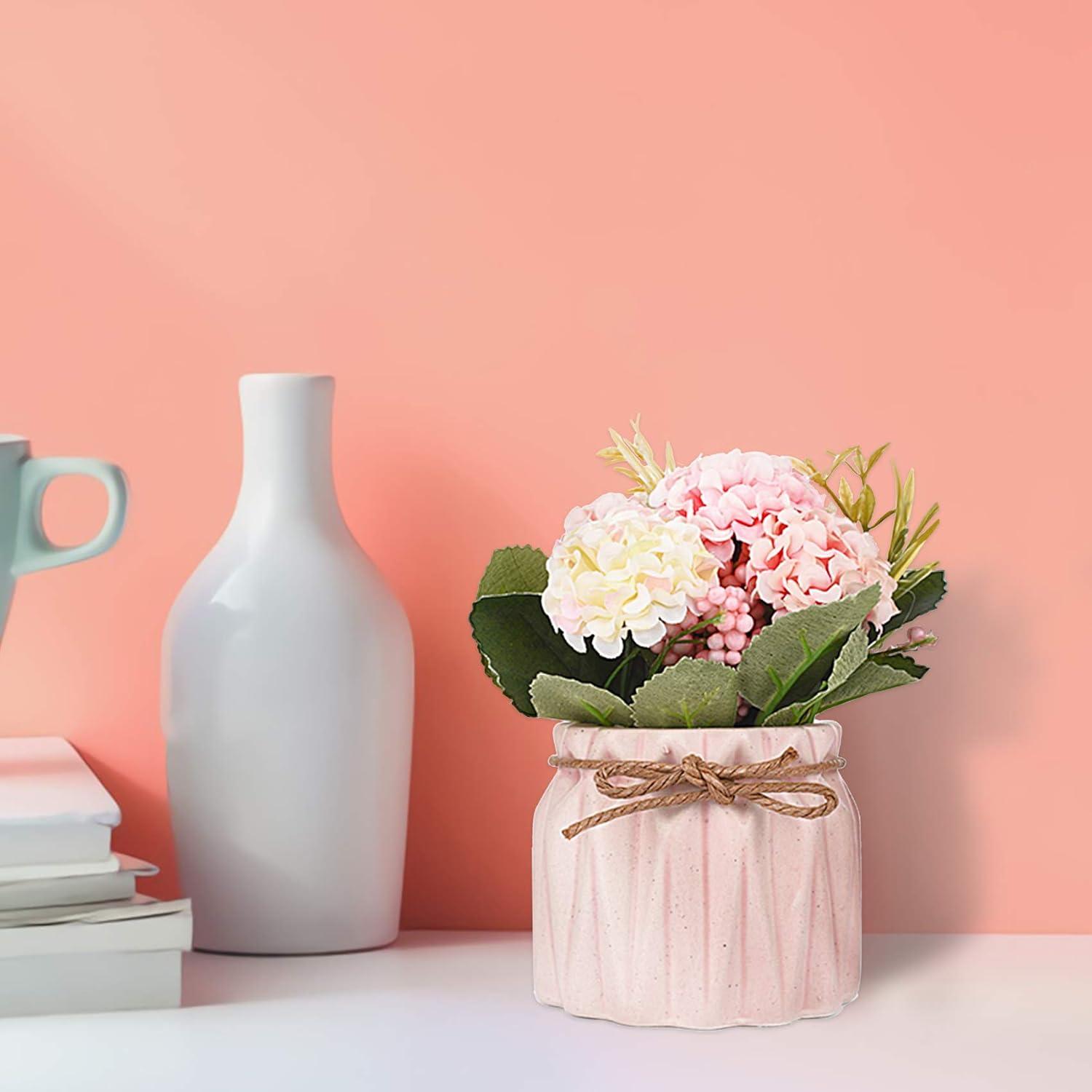 Mini Pink Ceramic Vase with Artificial Hydrangeas