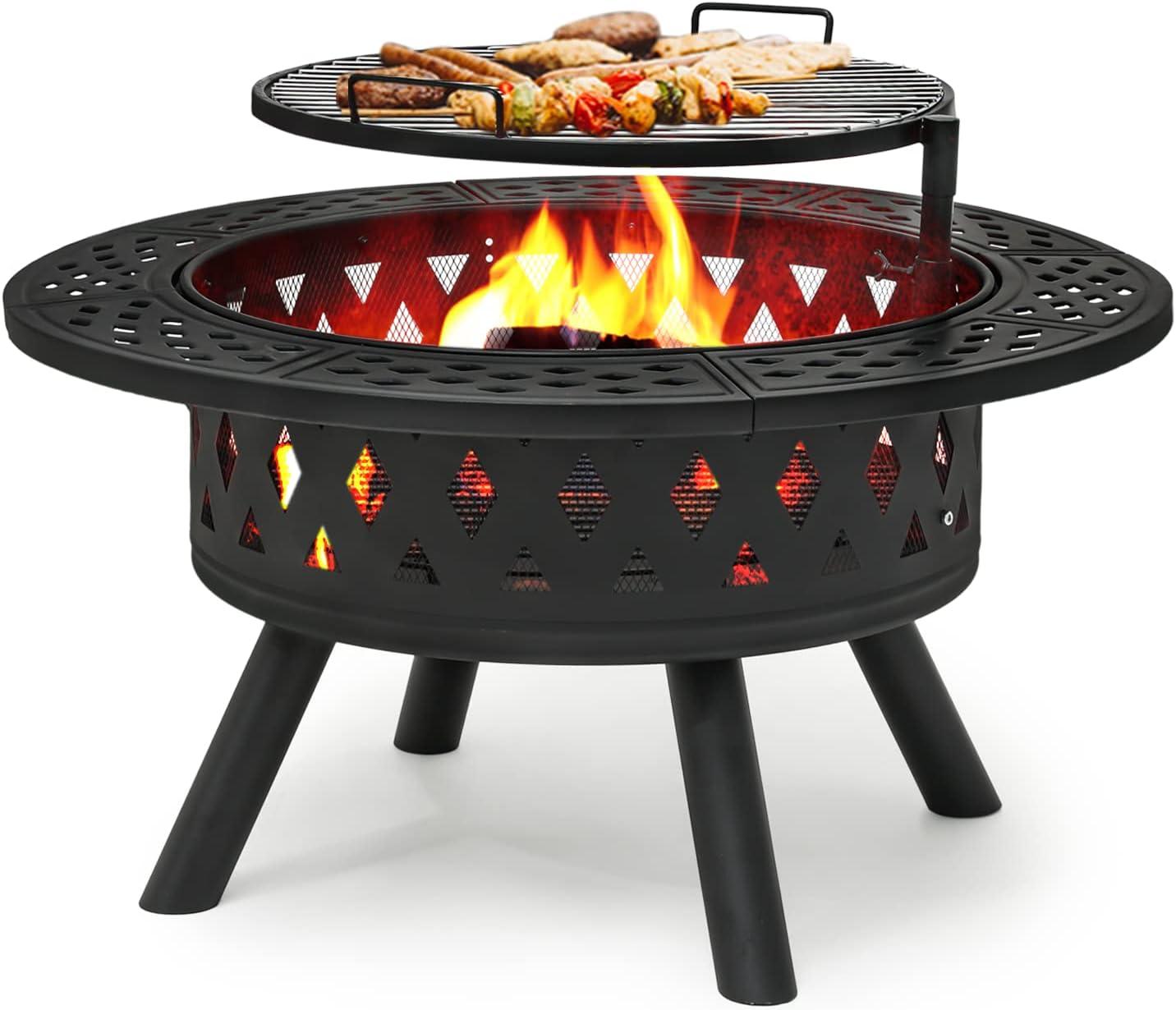 MoNiBloom 38" 2 in 1 Fire Pit with Cooking Grate, Outdoor Wood Burning Firepit with Spark Screen & Poker for Backyard Patio BBQ, Black