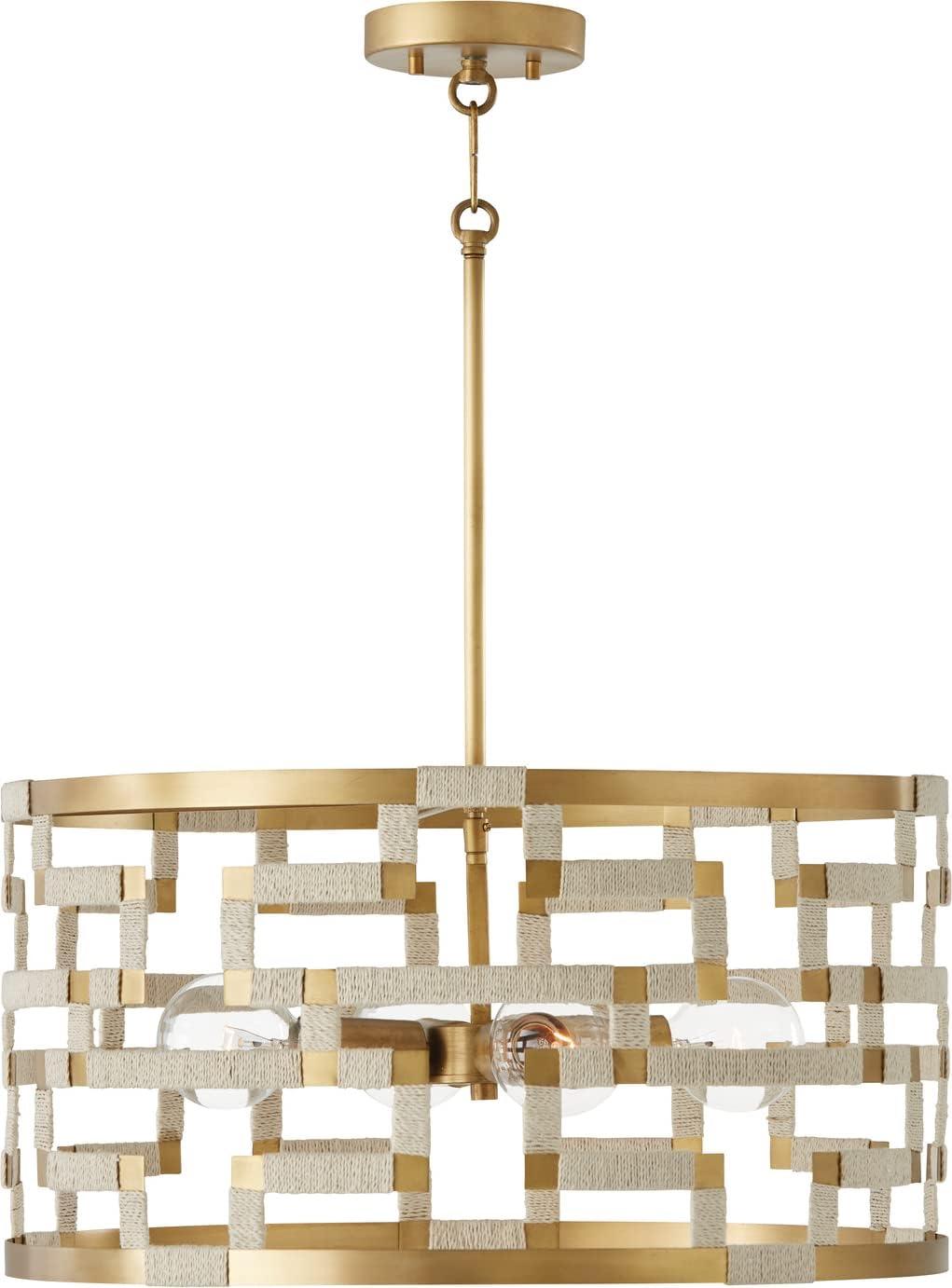 Bleached Natural Jute and Brass Drum Pendant Light