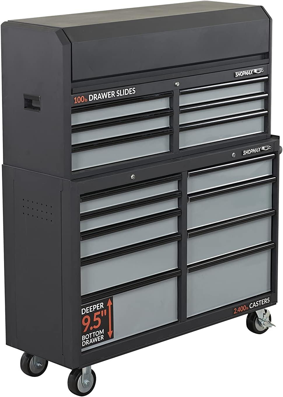 SHOPMAX, 100 lb, 52" Steel 15-Drawer Tool Chest and Rolling Cabinet Black