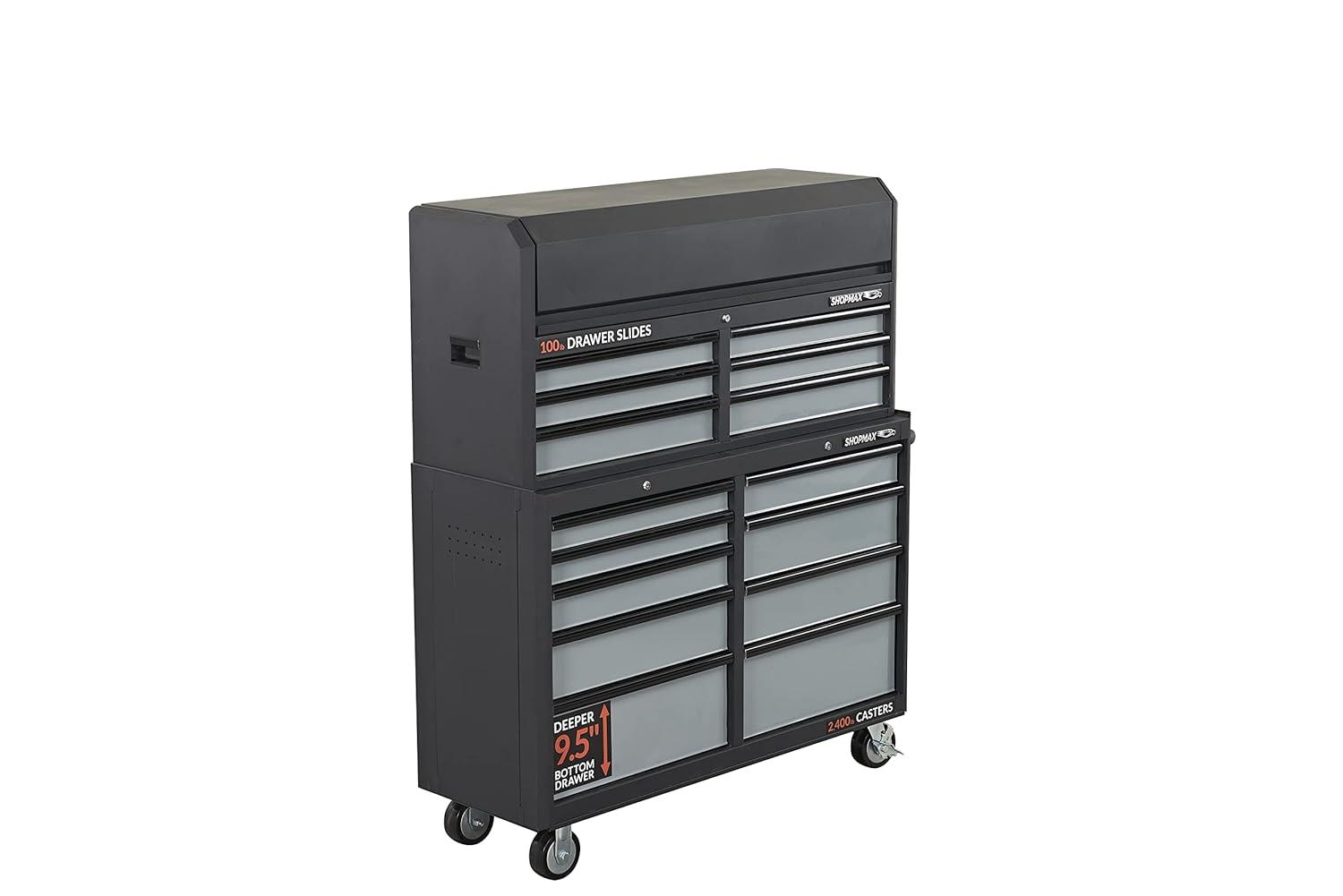 SHOPMAX, 100 lb, 52" Steel 15-Drawer Tool Chest and Rolling Cabinet Black