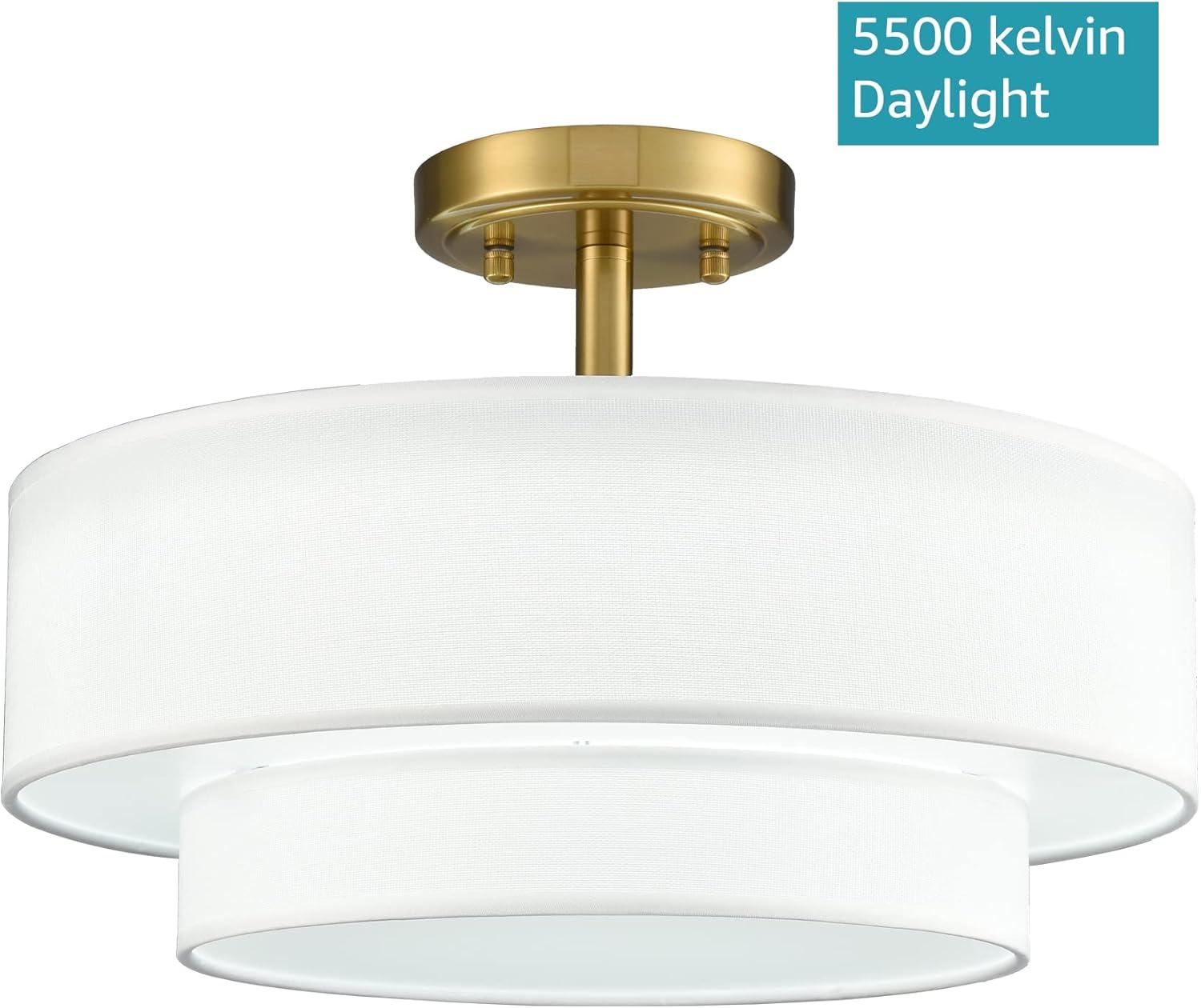 Claxy 15" Gold Semi Flush Mount LED Ceiling Light with Dual-Layer Drum Linen Shade