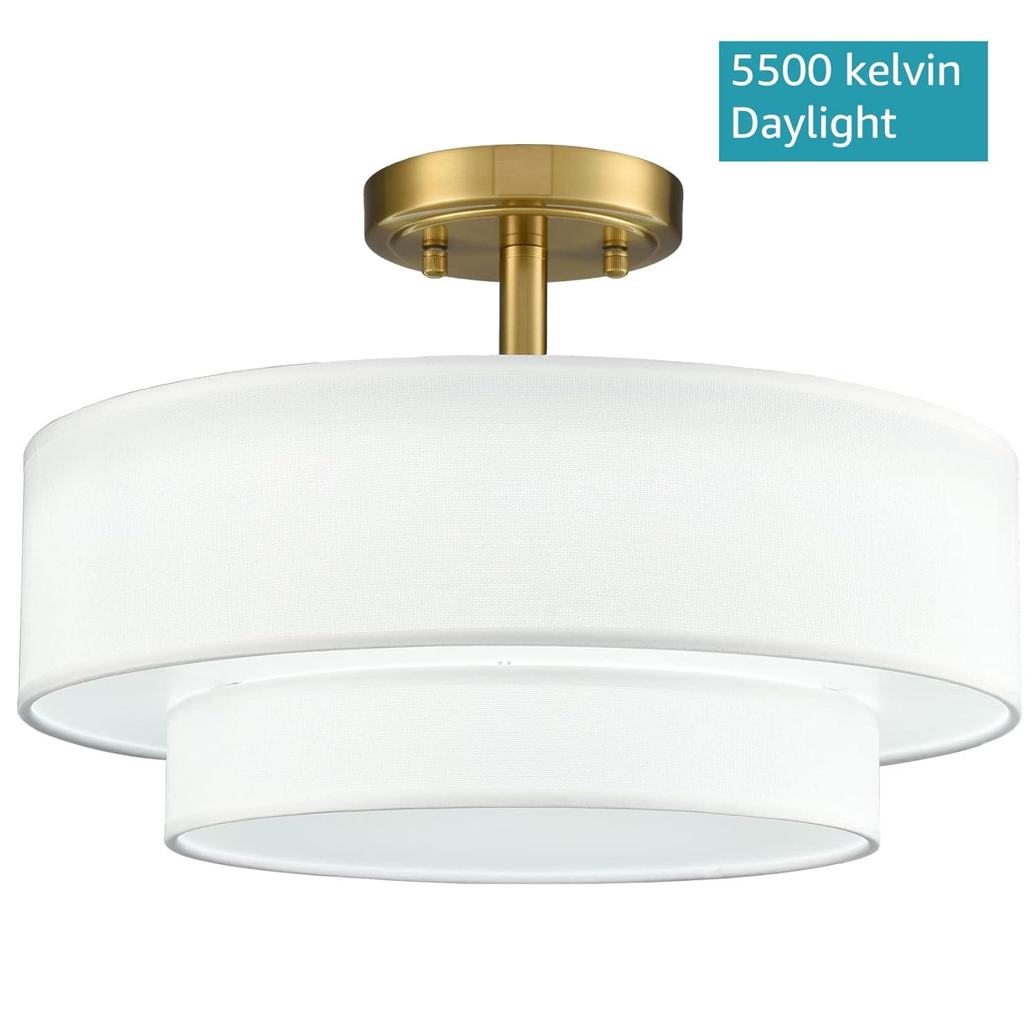 Claxy 15" Gold Semi Flush Mount LED Ceiling Light with Dual-Layer Drum Linen Shade