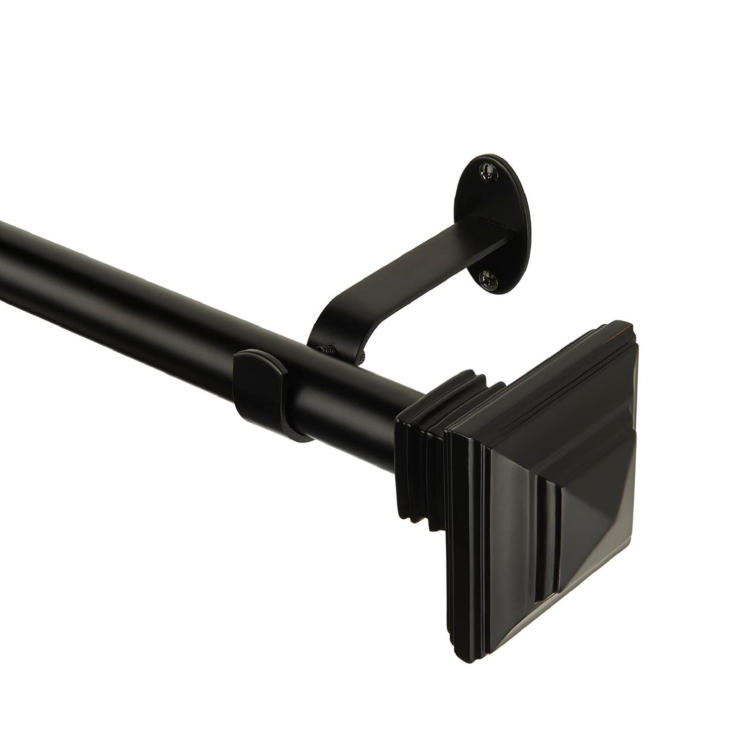 Florence 1" Window Drapery Single Curtain Rod with Stacked Square Finial - 28"-48" - Black - Elrene Home Fashions