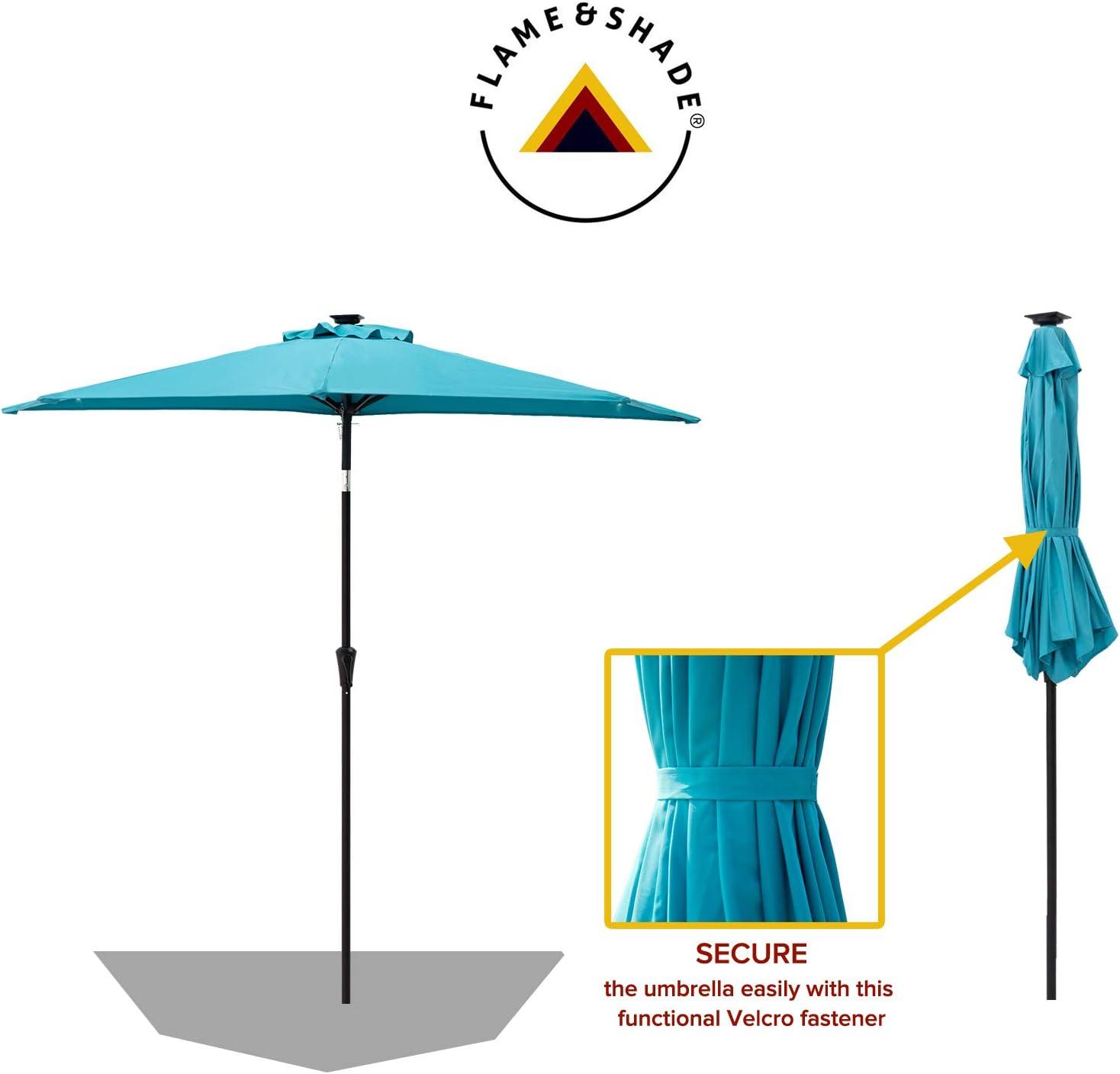 FLAME&SHADE 9 ft Half Round Solar Powered Outdoor Market Patio Table Umbrella for Wall Balcony with LED Lights and Tilt, Aqua Blue