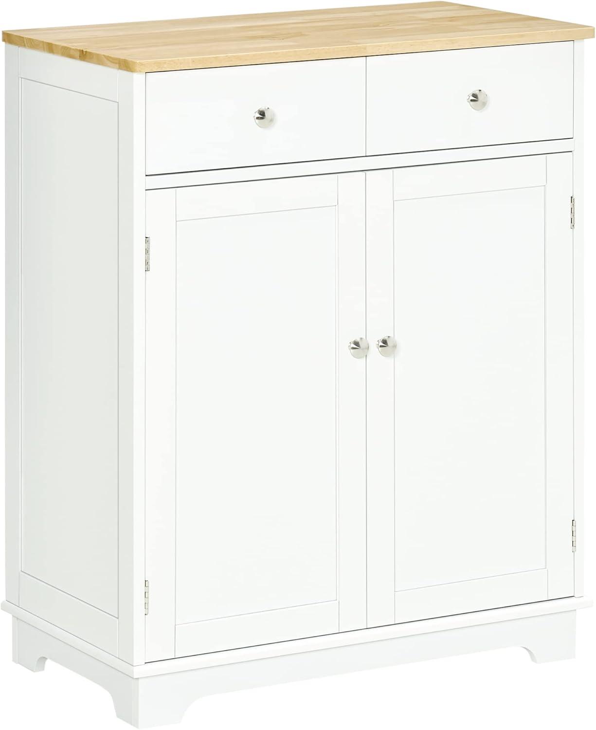 HOMCOM Kitchen Storage Cabinet, Sideboard Floor Cupboard with Solid Wood Top, Adjustable Shelf, and 2 Drawers for Living Room