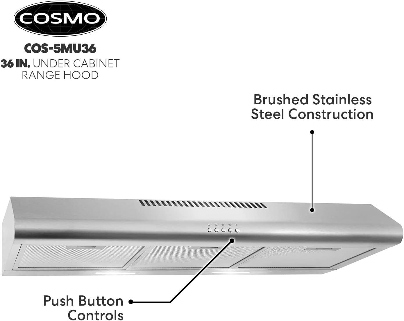 Cosmo 36" Stainless Steel 220 CFM Ducted (Vented) Under Cabinet Range Hood with Charcoal Filter