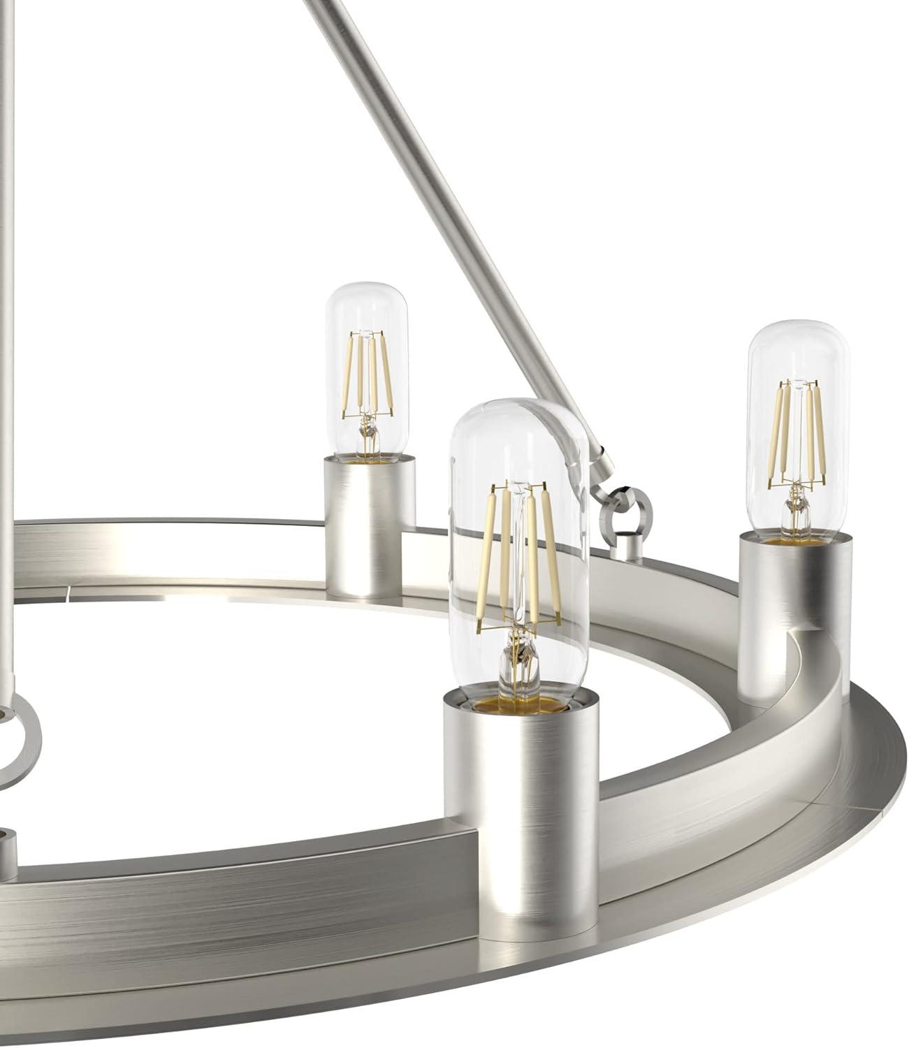 Hunter - Saddlewood 6-light Brushed Nickel, Large Chandelier, Dimmable, Casual Style, Wagon Wheel Shaped, for Bedrooms, Kitchens, Dining, Living Rooms - 19034