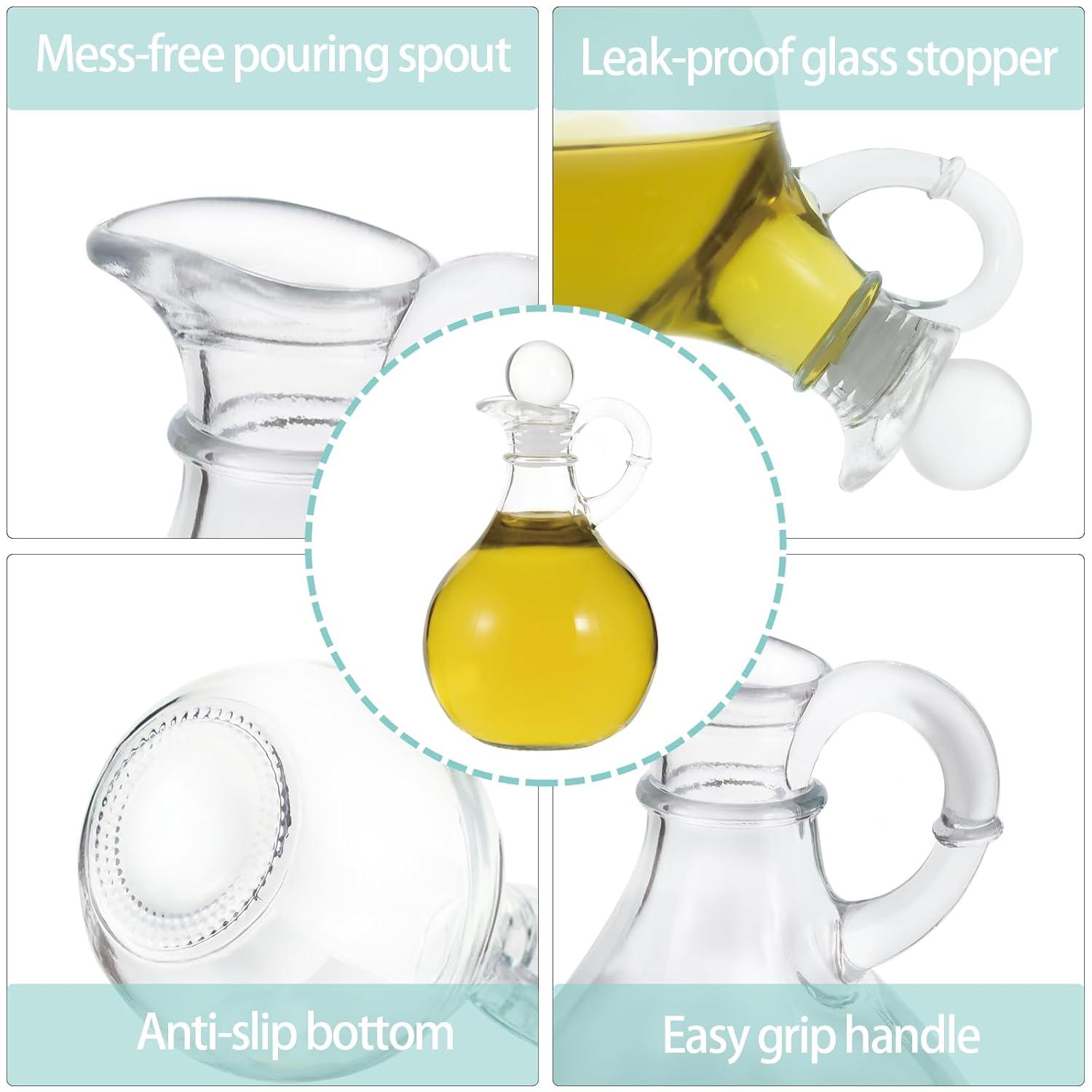 Cornucopia Brands 8oz Glass Oil and Vinegar Cruets (Set of 2); Round Oil Dispensers / Salad Dressing Bottles w/ Stoppers