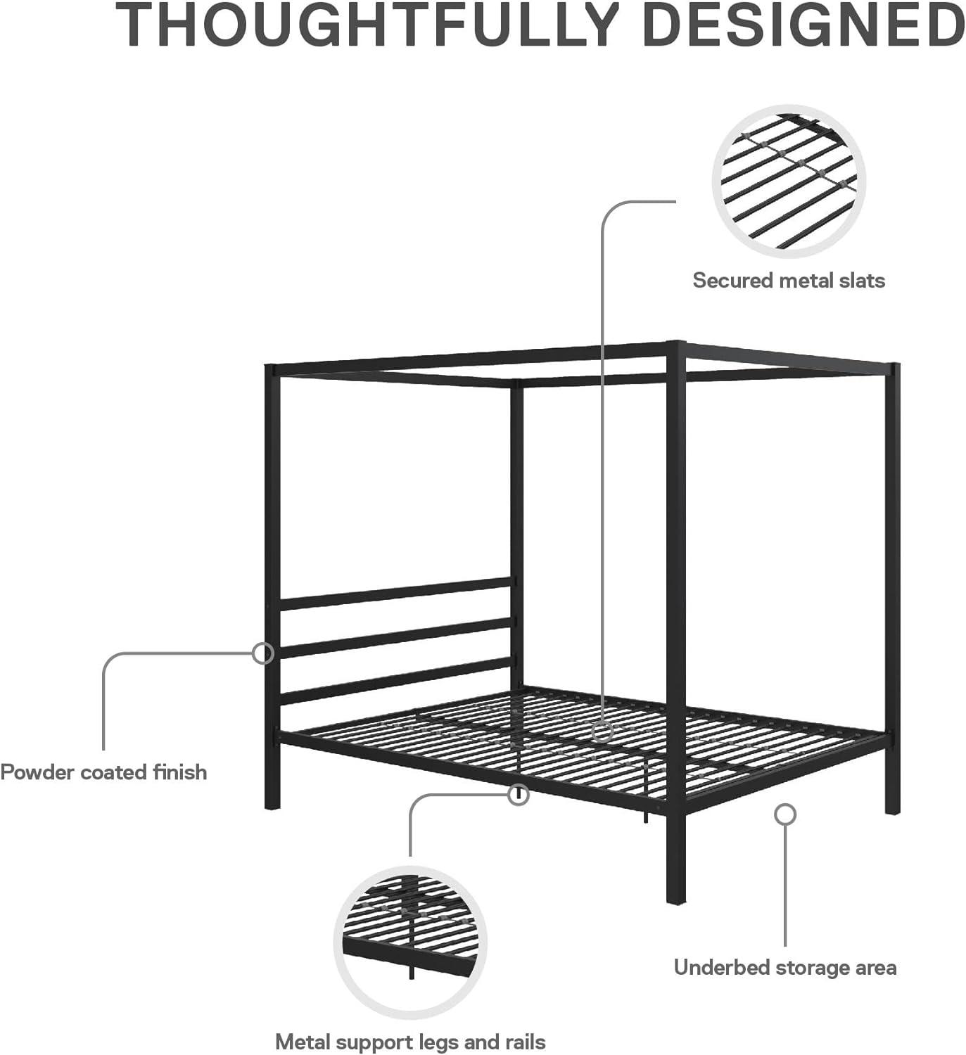 Queen Black Metal Canopy Platform Bed with Headboard and Slats