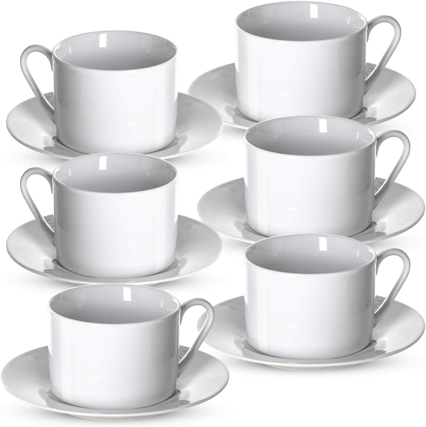 Elegant White Ceramic Tea Cups and Saucers Set, 6-Piece