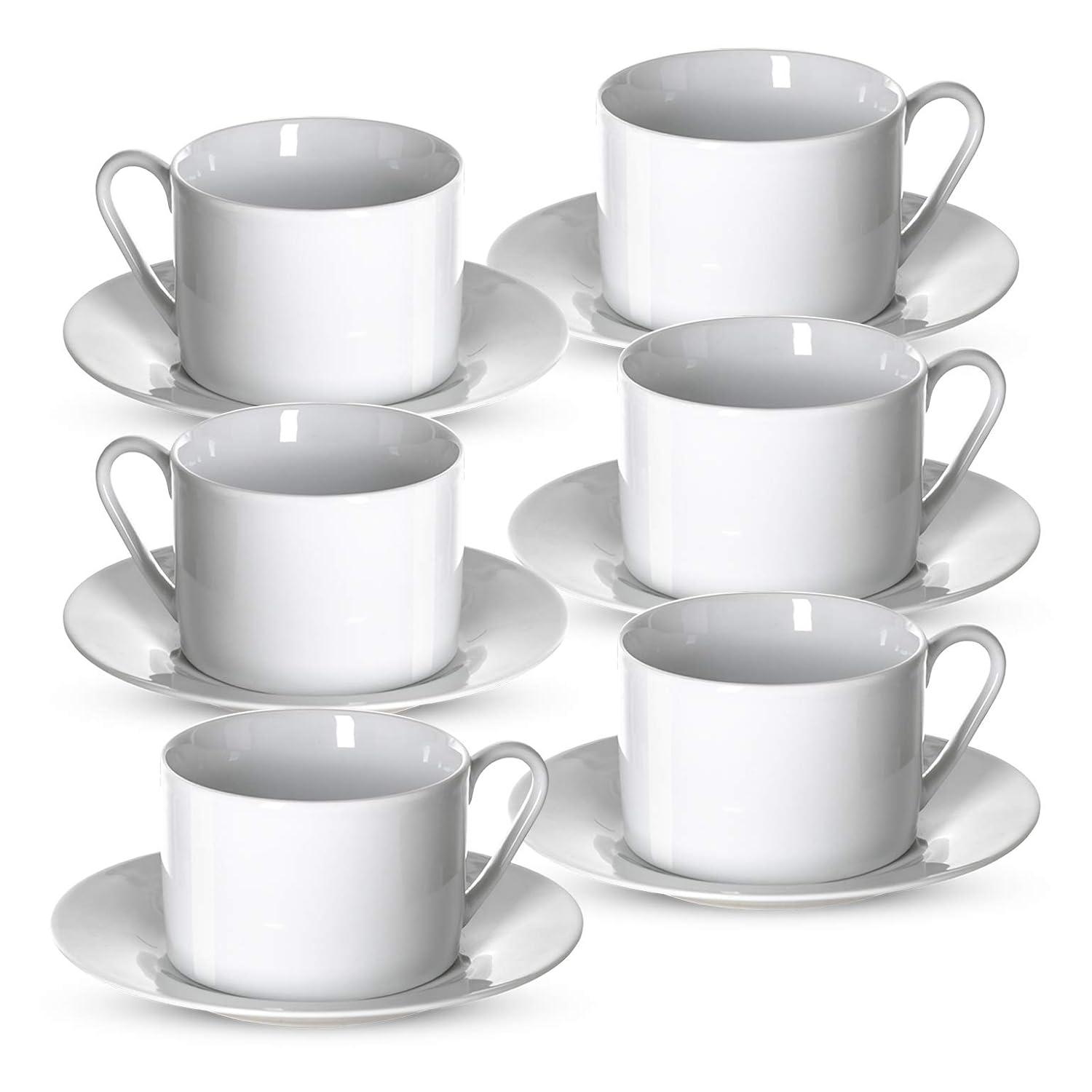 Klikel Tea Cups And Saucers Set - 6 Piece White Coffee Mug Set - 6 Inch Plates And 8.5oz Mugs - Cappuccino Cup And Saucer Set For Latte Cafe Mocha Espresso Bar