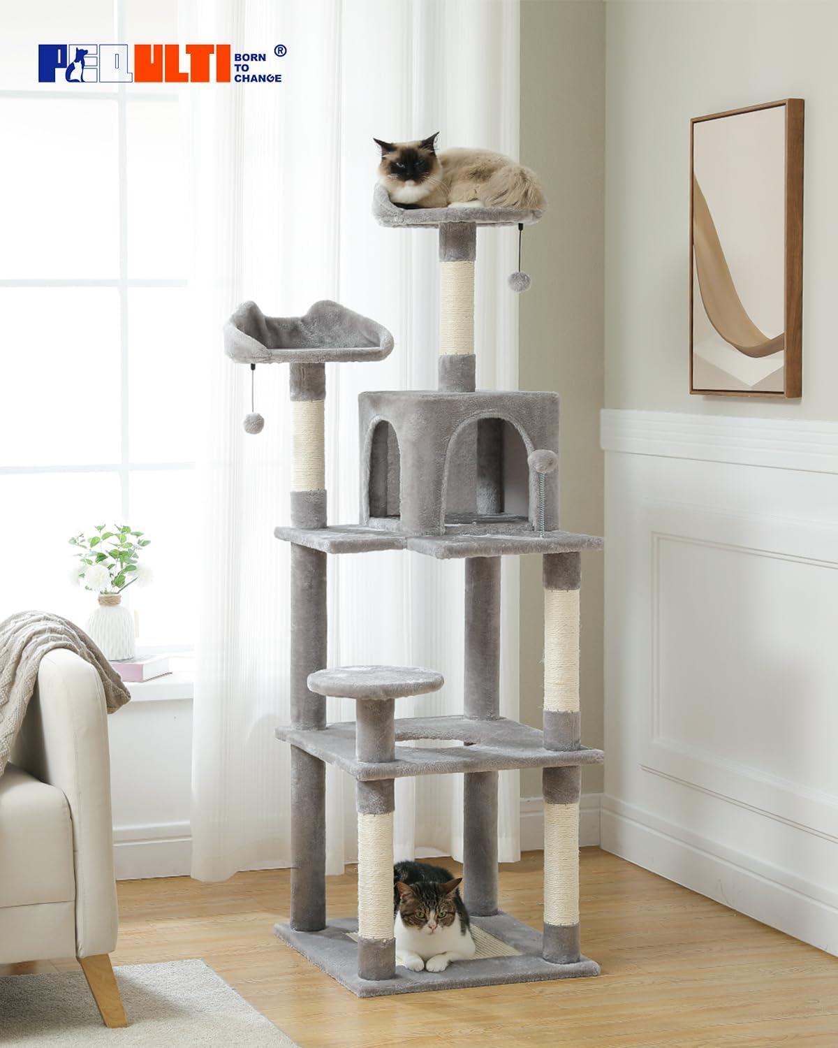 Multi-Level Cat Tree Tower With Cat Hammocks, Sisal Covered Scratching Post And Plush Top Perch