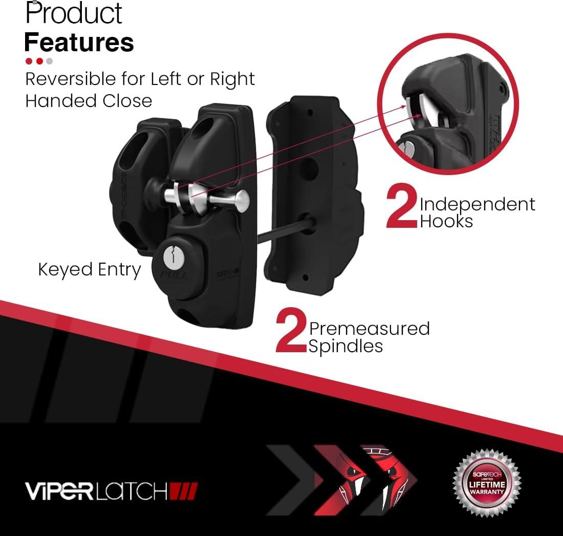 Safetech Hardware ViperX2 Gravity Gate Latch | Two-Side Entry Keyed | 2 Independent Latching Hooks Key Lockable Both Sides | Privacy Gate Gravity Latch | Vinyl, Wood, & Aluminum Gates - Black