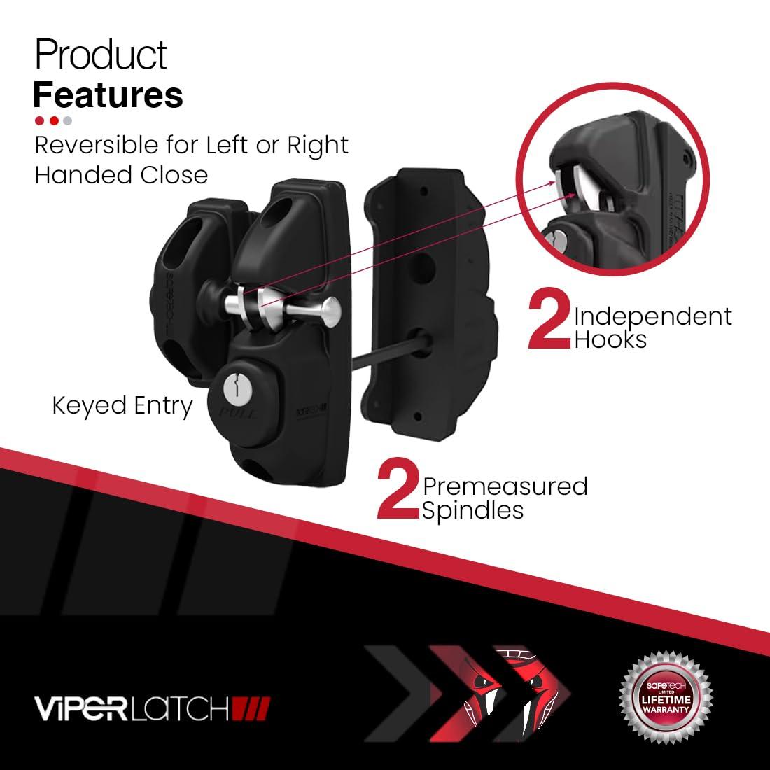 Safetech Hardware ViperX2 Gravity Gate Latch | Two-Side Entry Keyed | 2 Independent Latching Hooks Key Lockable Both Sides | Privacy Gate Gravity Latch | Vinyl, Wood, & Aluminum Gates - Black