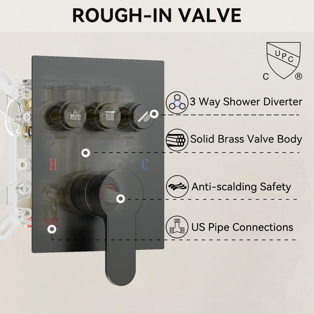 Revitalize 3-Function 12 Inch Wall Mount Rainfall Thermostatic Shower System with 6 Body Jets