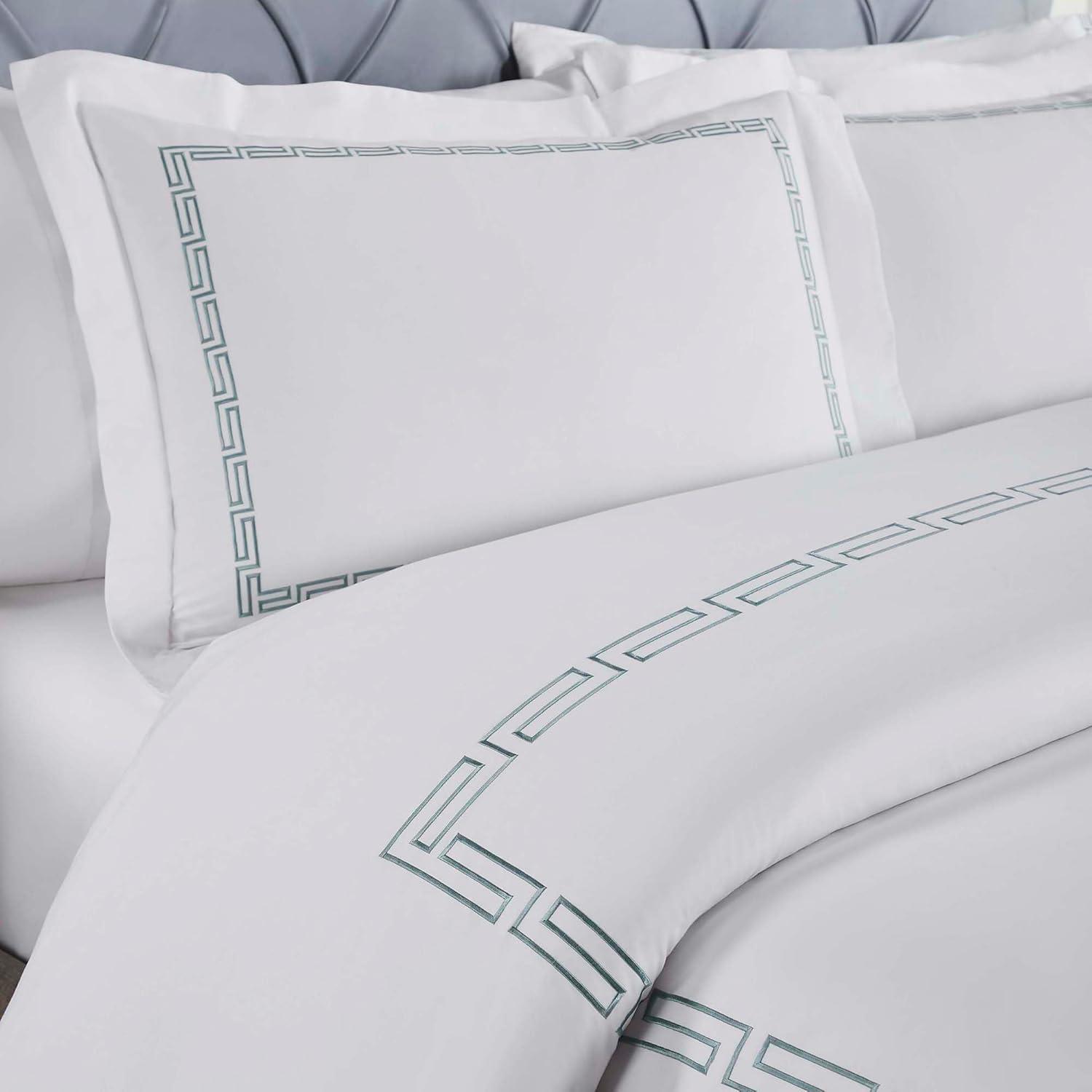 White-Silver Greek Key Embroidered Cotton Duvet Cover Set