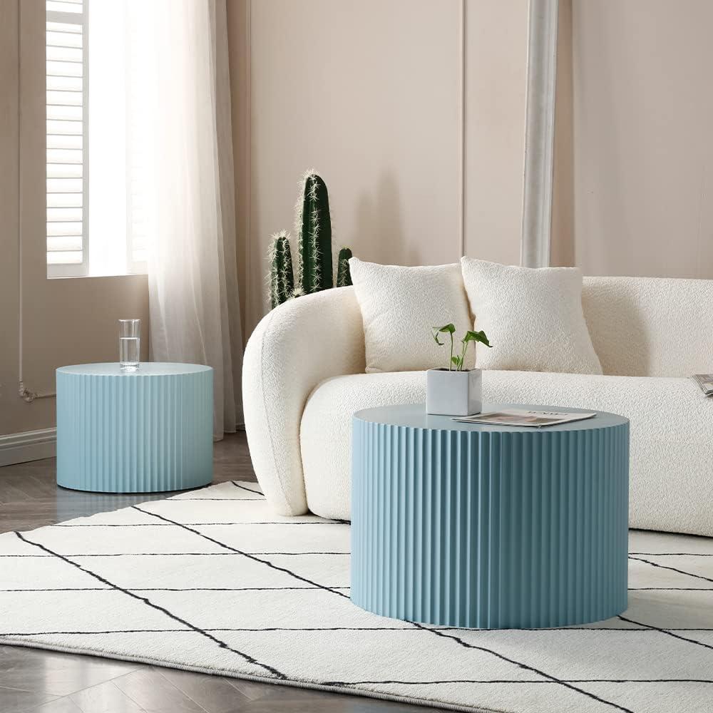 Blue Round Wooden Nesting Coffee Table Set