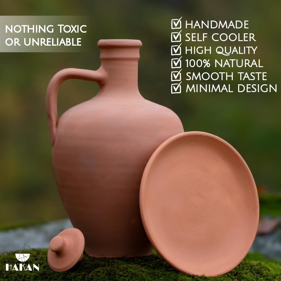 Natural Clay Water Pitcher, Unglazed Terracotta Carafe, Brown, 3.3 Qts.